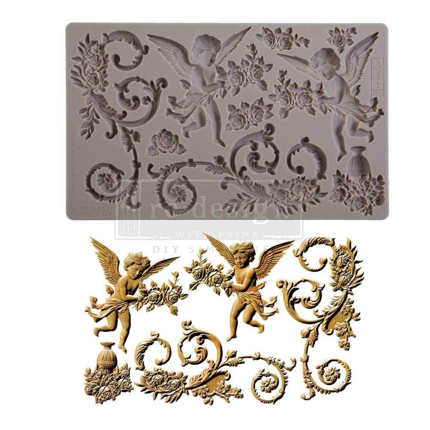 Angelic Aura – Cherub & Floral Scroll Silicone Mould ~ 1 pc, 5″x8″x8mm