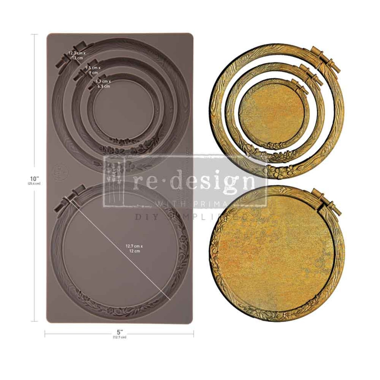 Artisan’s Frame mould size guide showing round embroidery-hoop designs in multiple sizes.