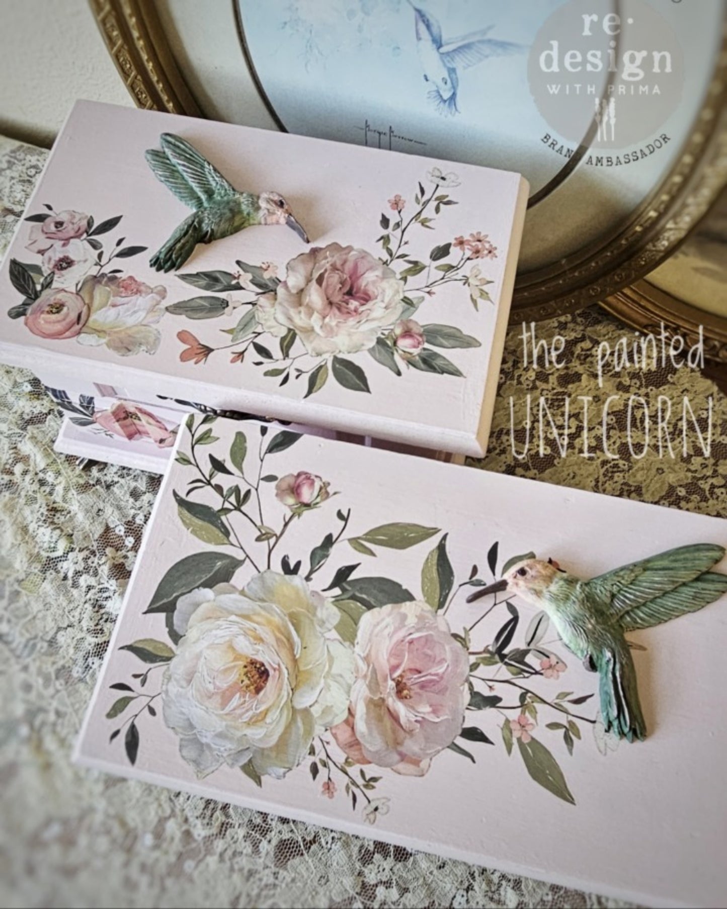 Pink painted keepsake box decorated with Blush Reverie Middy Transfer florals and a raised hummingbird embellishment
