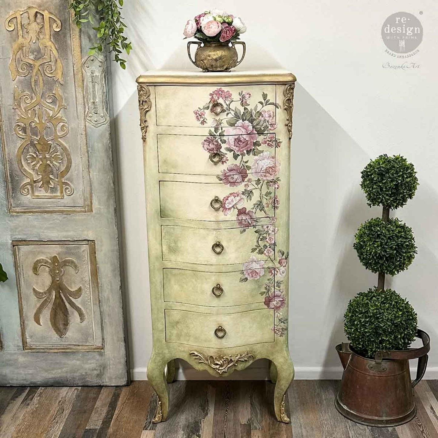 Blushing Blooms Symphony Kacha Decor Transfer applied to a tall vintage lingerie chest with soft pink floral details, antique gold hardware, and romantic French country styling.