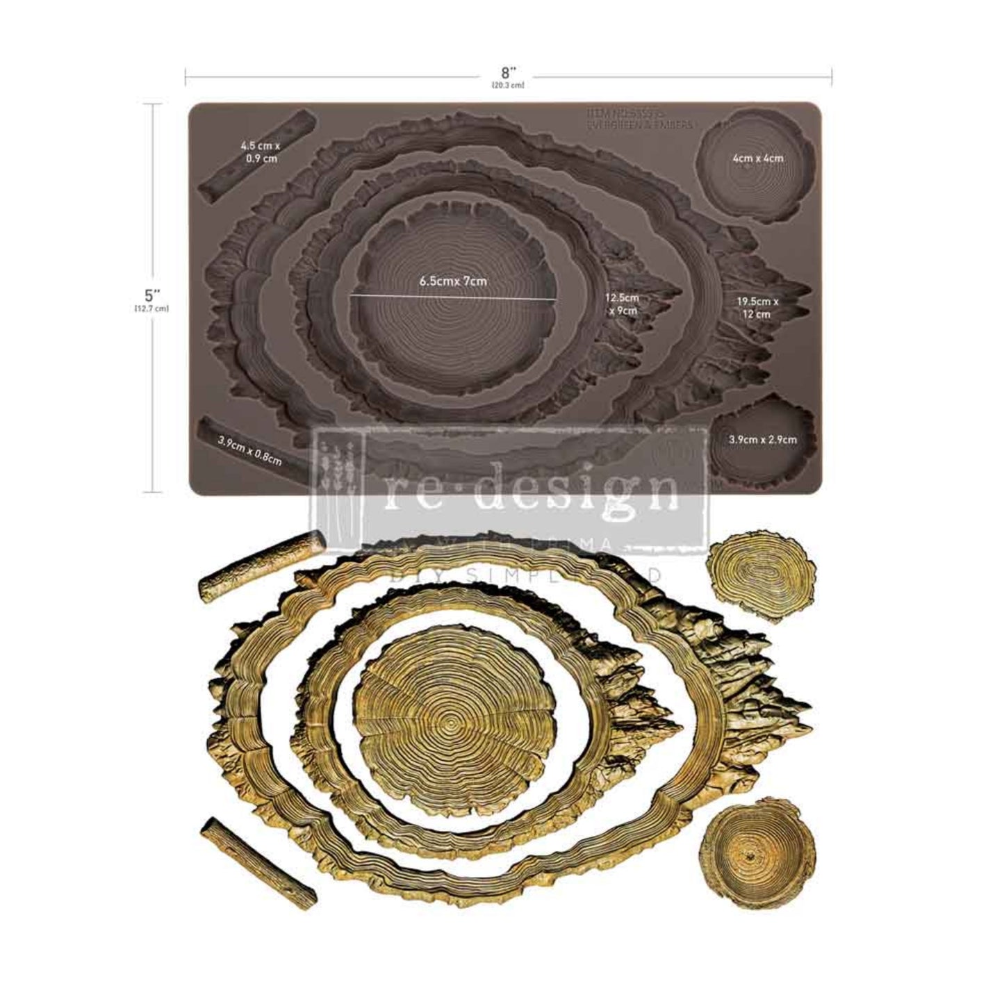 Evergreen & Embers mould design sheet showing layered tree rings, bark-edged frames, wood slices, and branch details on one 5 by 8 inch mould.