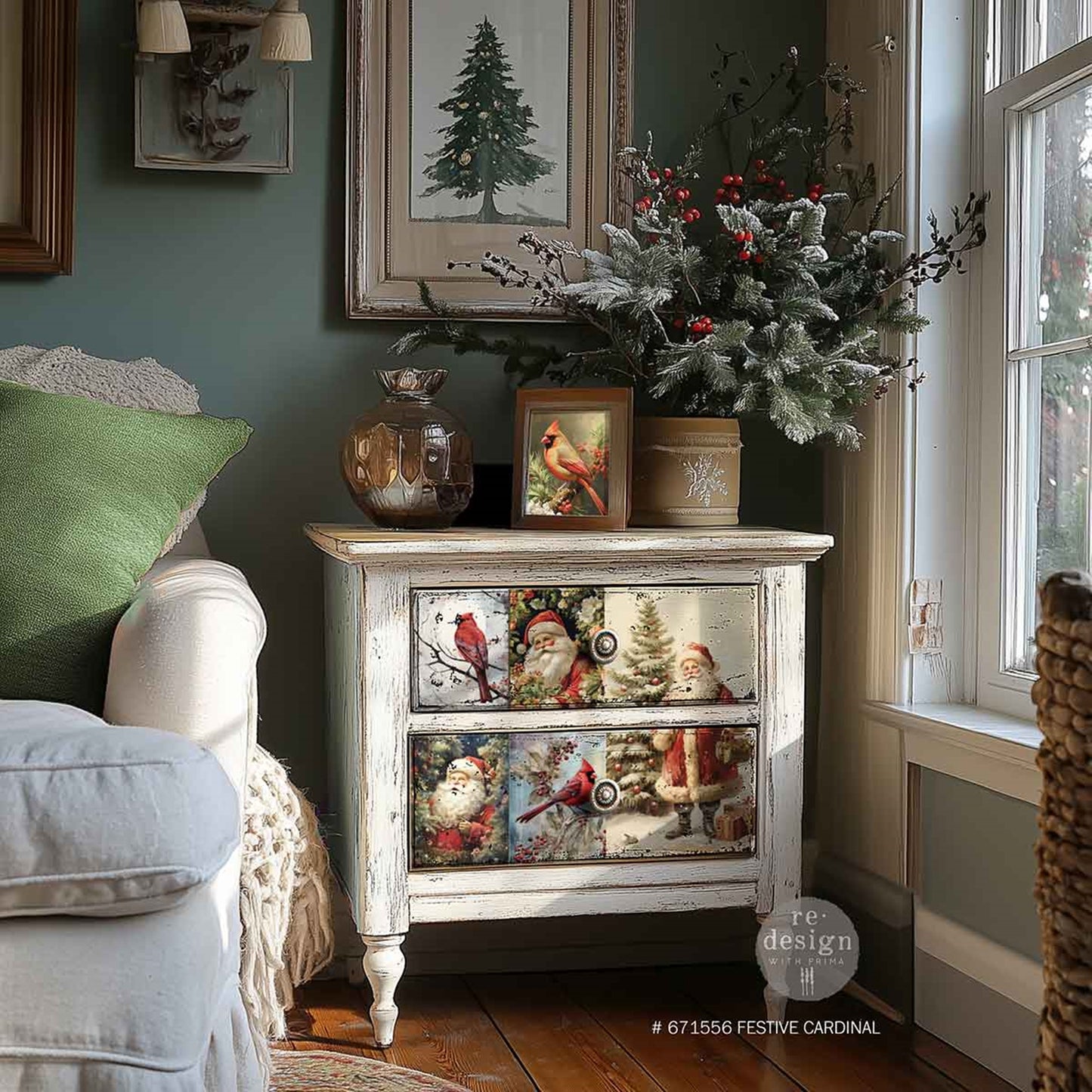 Festive Cardinal & Santa Christmas Decoupage Paper by Re·Design with Prima