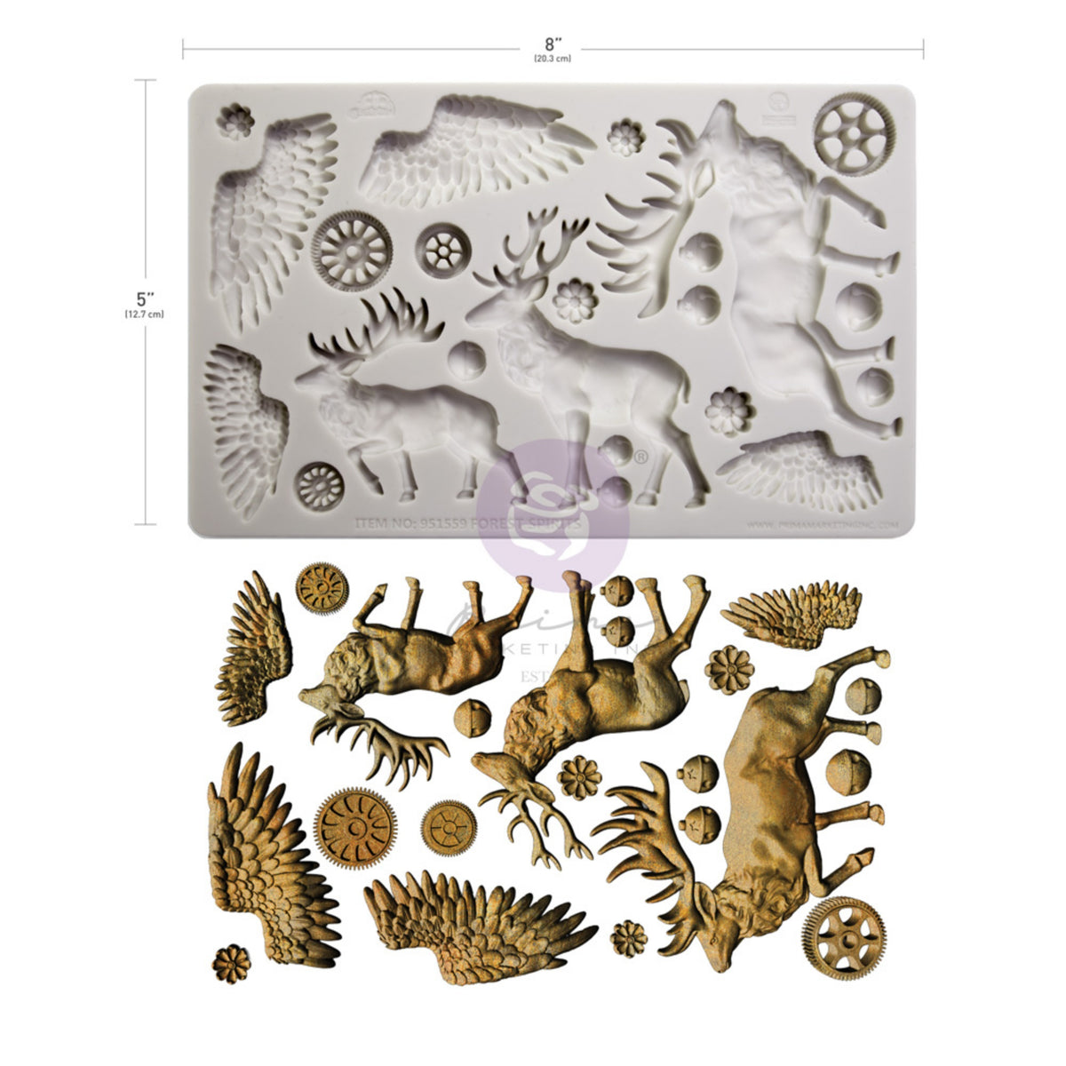 Forest Spirits 5 x 8 inch silicone mould by Finnabair featuring stags, wings, gears and flowers