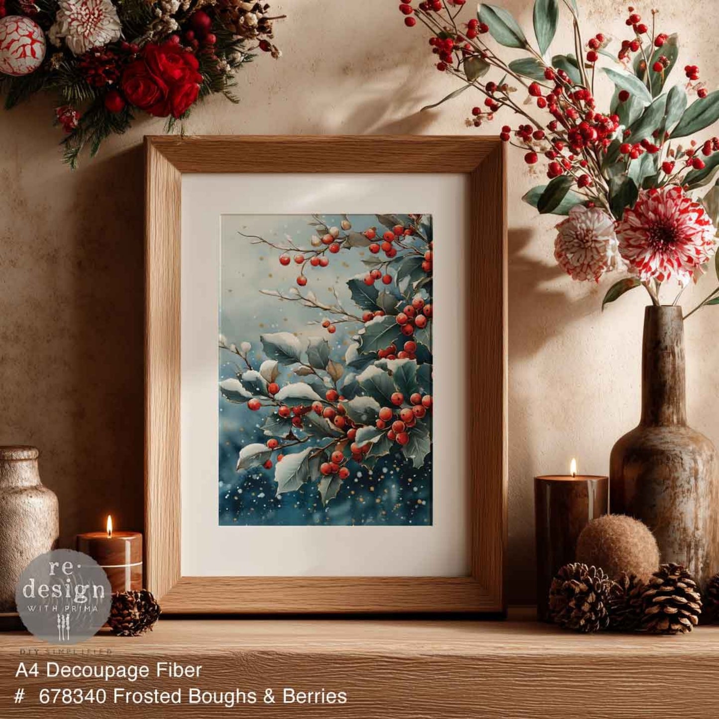Frosted Boughs & Berries - A4 Decoupage - Redesign Decor Tissue Paper ~ Decoupage Paper for Furniture 8.27″x11.69″