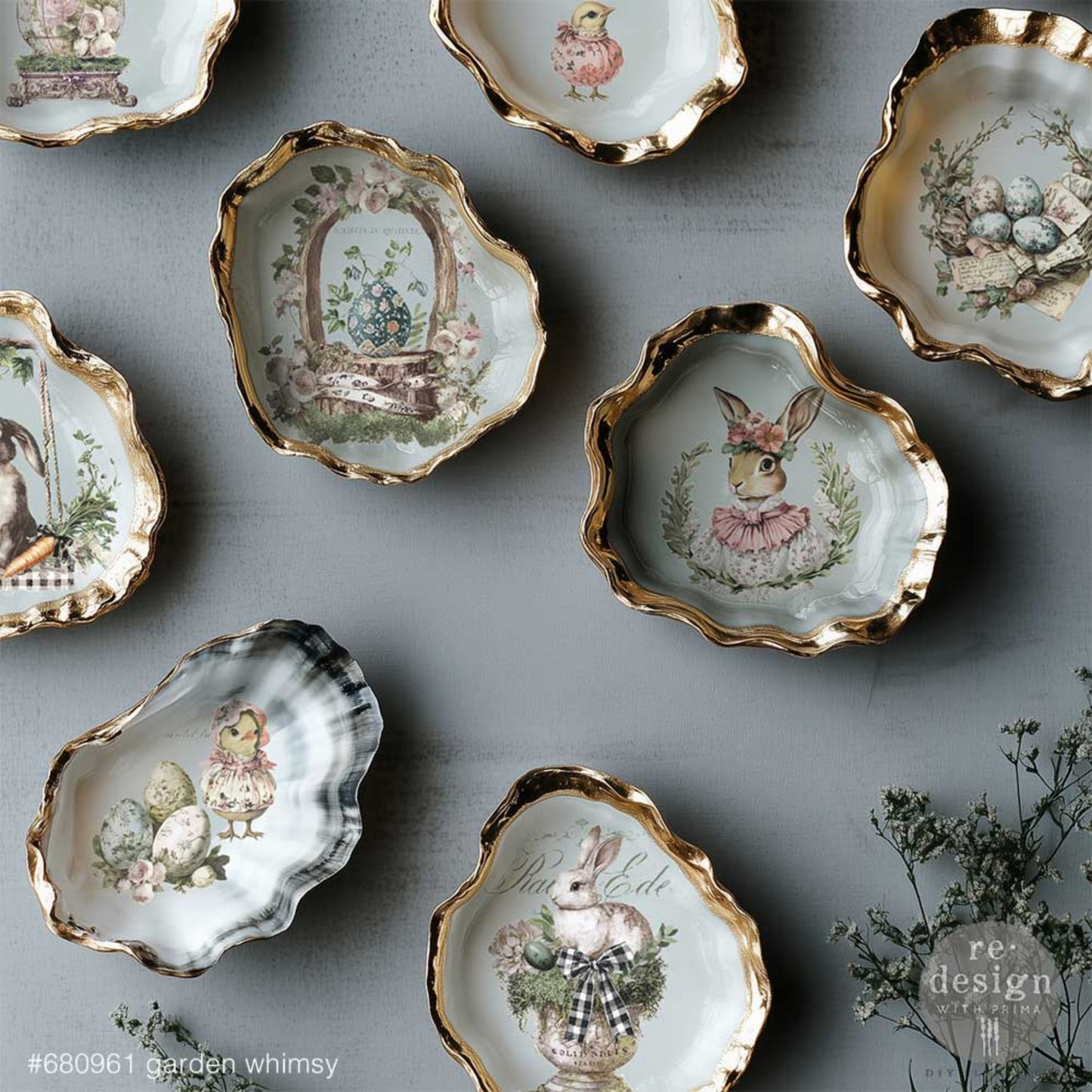 Garden Whimsy Middy transfer set with vintage bunny and Easter garden artwork