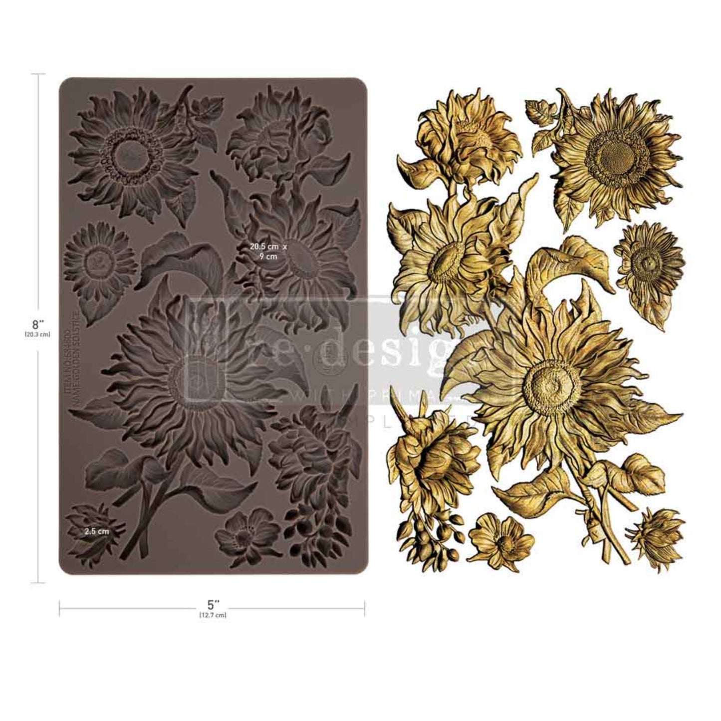 Golden Solstice Décor Mould design sheet showing sunflower blooms, buds, leaves, and stems on one 5 by 8 inch mould.