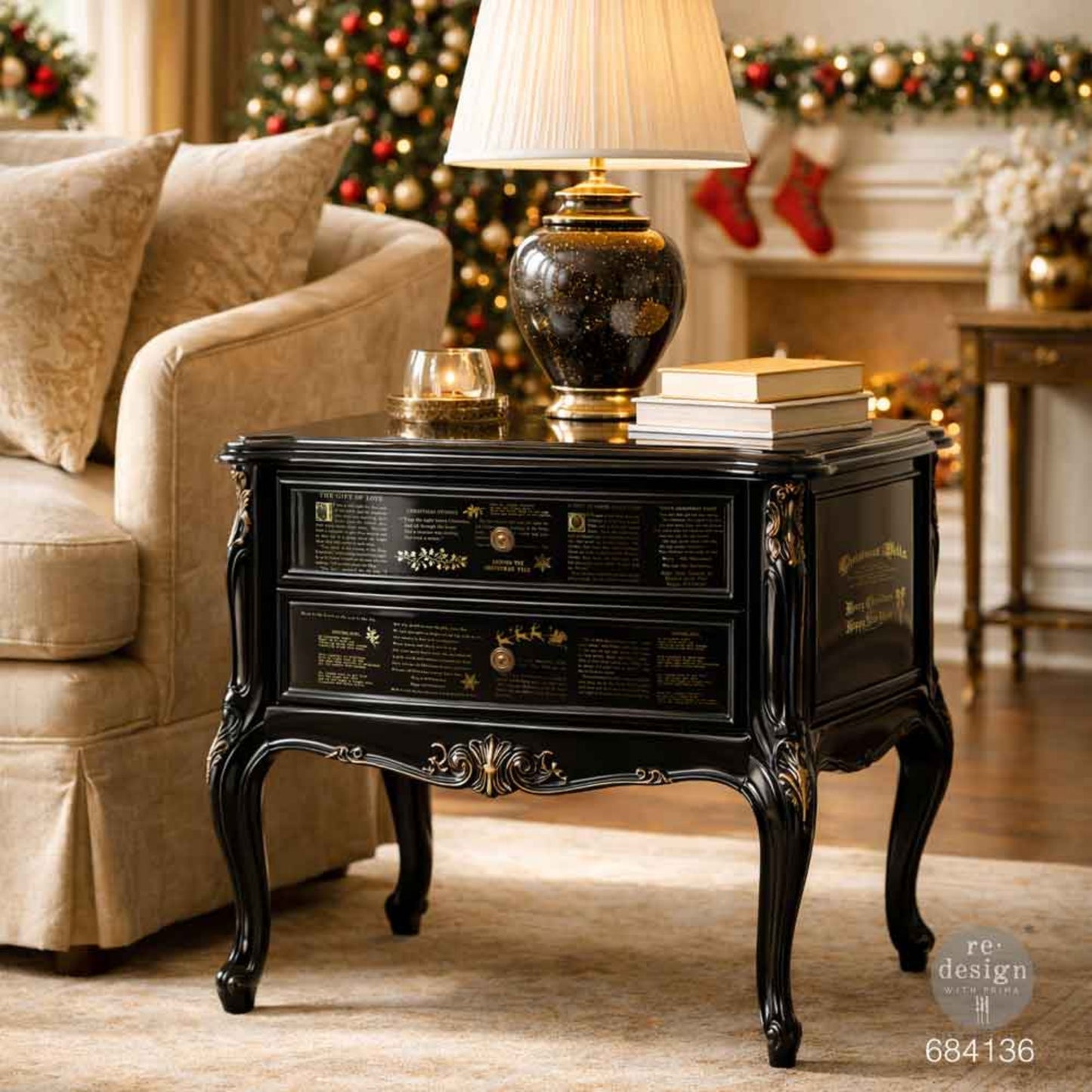 Golden Tidings gold foil Christmas text transfers applied to a black end table for a vintage holiday look