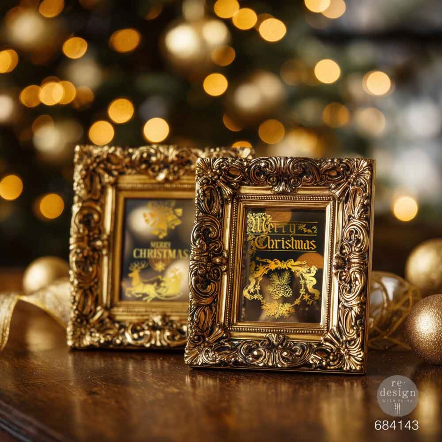 Holiday Heirloom gold foil transfers applied to mini picture frame for an elegant vintage Christmas look