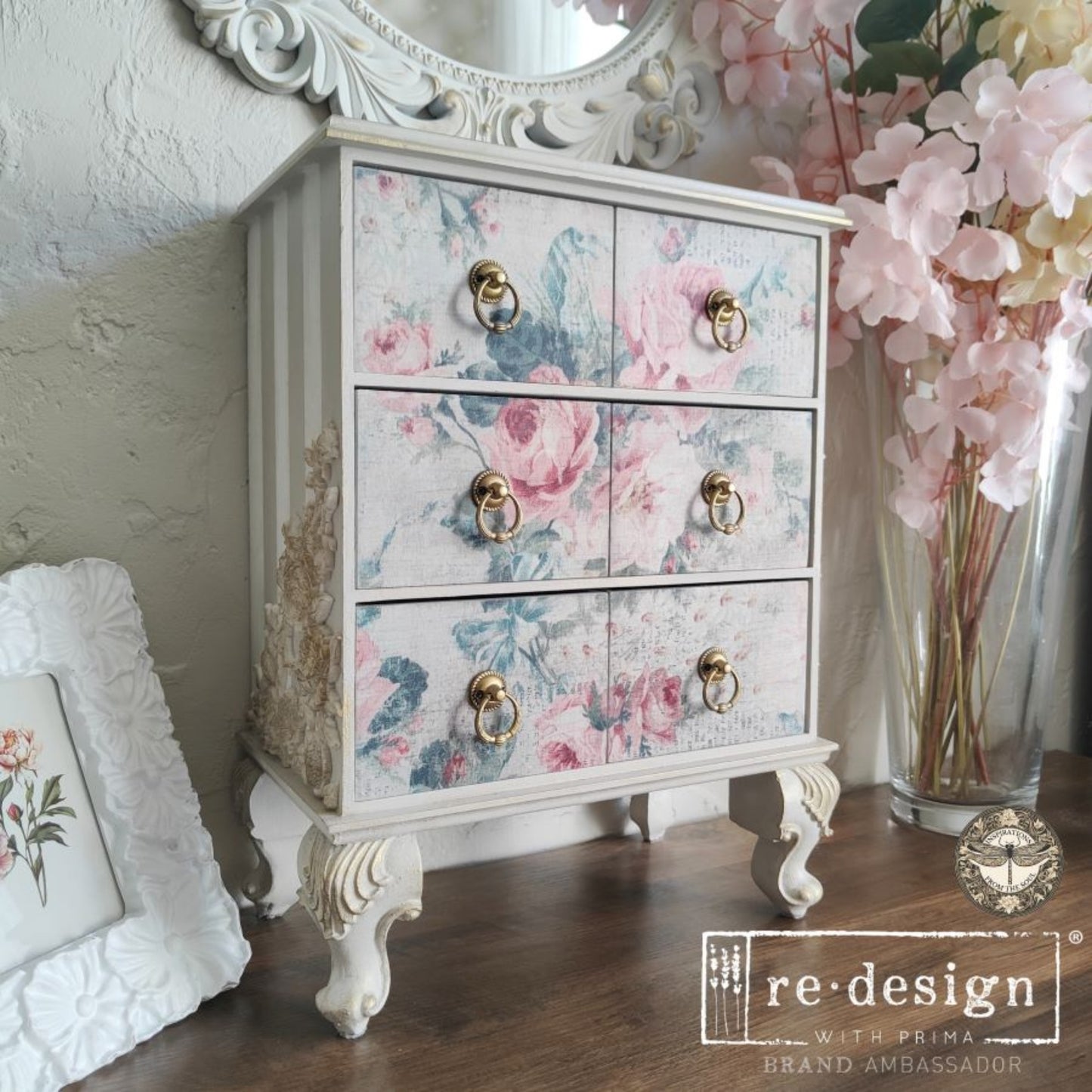 Furniture makeover using Pink Blossom Bliss decoupage fiber paper with pale pink roses, muted greenery, and soft vintage floral styling.