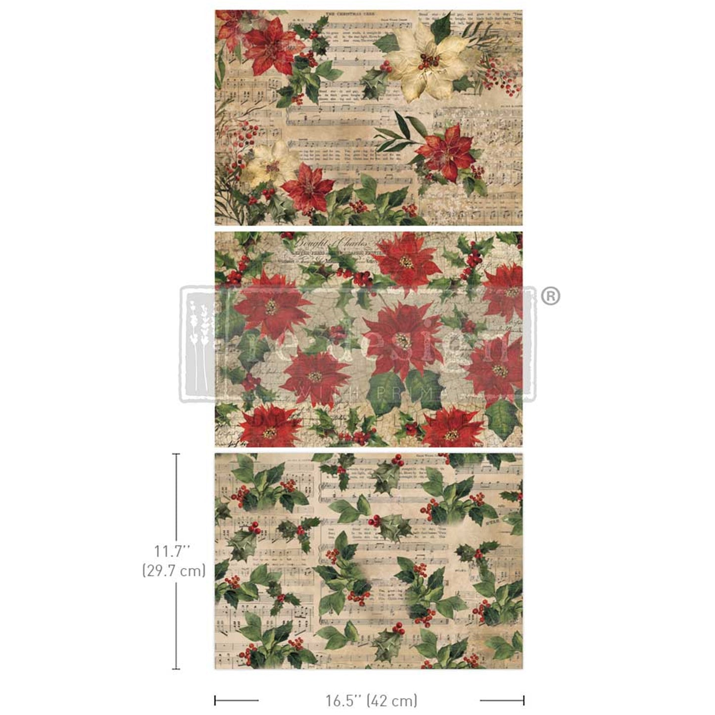 Poinsettias - A3 Decoupage Fiber Pack - Redesign Decor Tissue Paper ~ Decoupage Paper for Furniture 11.7″x16.5″