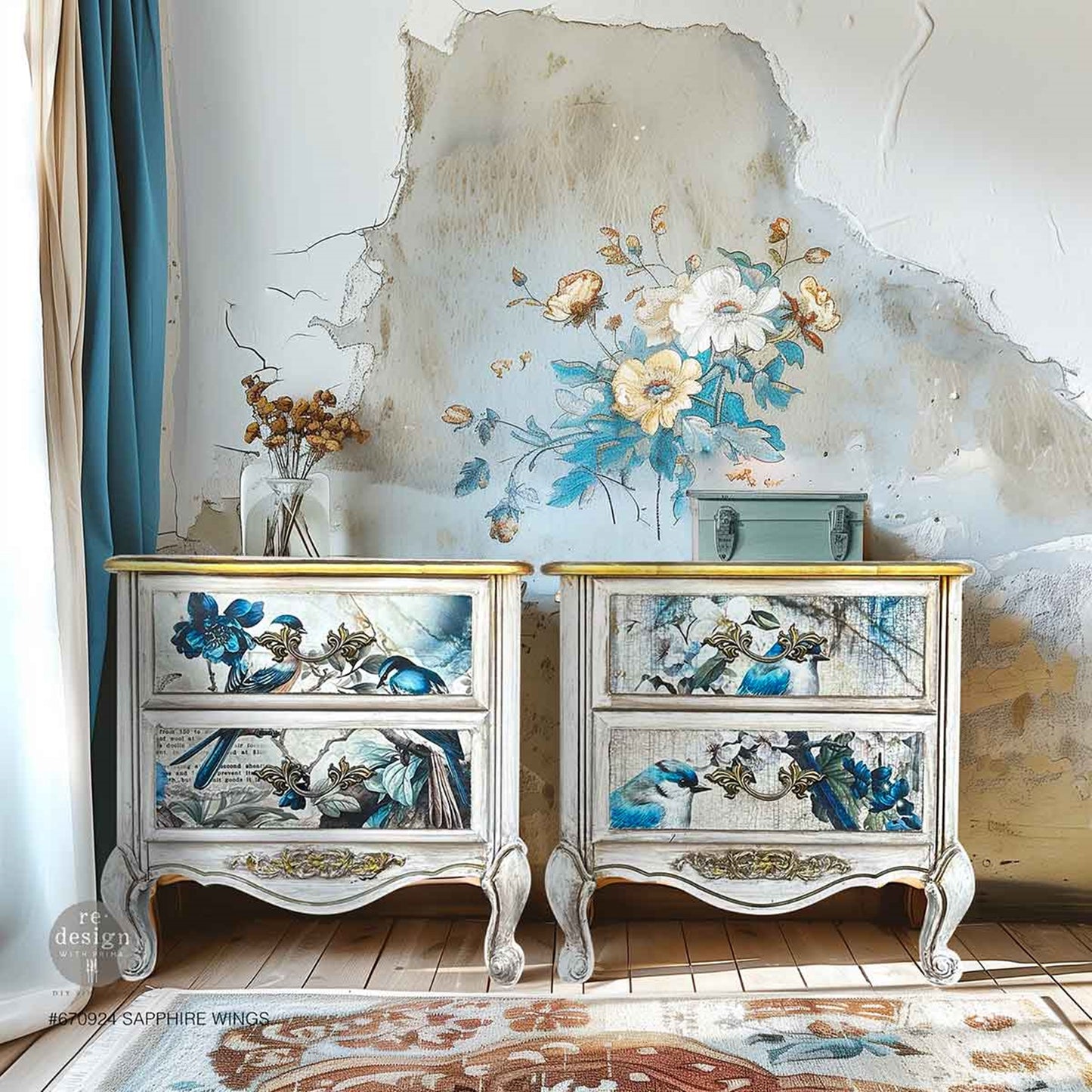 Sapphire Wings Décor Transfer – Elegant Blue Birds & Blossoms Fiber Paper 3 Pack - Redesign Decor Tissue Paper for Decoupaging ~ Decoupage Paper for Furniture