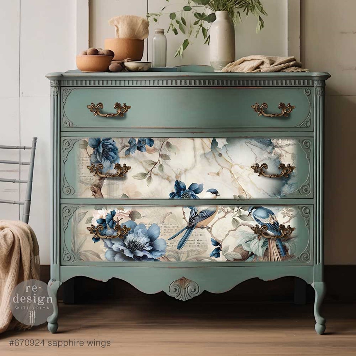Sapphire Wings Décor Transfer – Elegant Blue Birds & Blossoms Fiber Paper 3 Pack - Redesign Decor Tissue Paper for Decoupaging ~ Decoupage Paper for Furniture