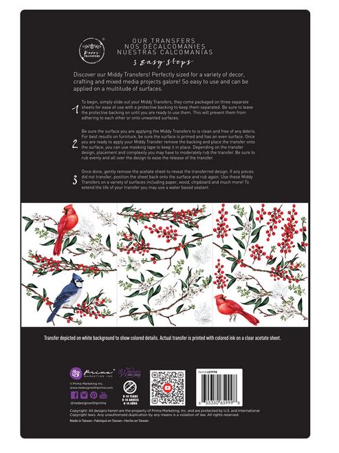 Winterberry Middy Birds Decor Transfer – Red Berries & Cardinals by Re·Design with Prima