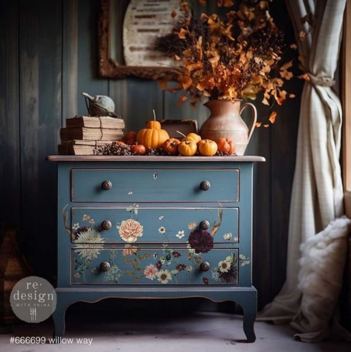 Willow Way Middy Decor Transfer - Floral & Antler Botanical Design for Furniture, DIY Crafts and home Decor Redesign with Prima
