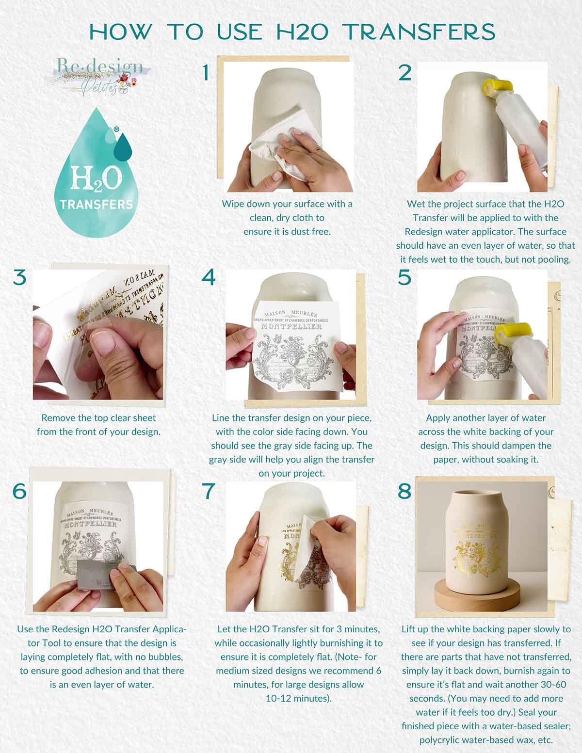 H2O transfer application guide showing step-by-step instructions for cleaning the surface, wetting the area, placing the transfer, smoothing, waiting, removing backing paper, and sealing the finished project.