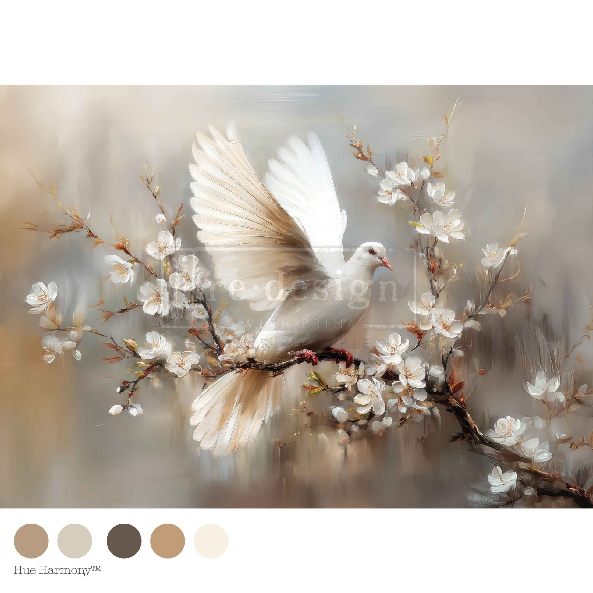 White dove among delicate white blossoms on a soft neutral background, A1 Decoupage Fiber Kacha Alabaster Grace by Redesign with Prima.