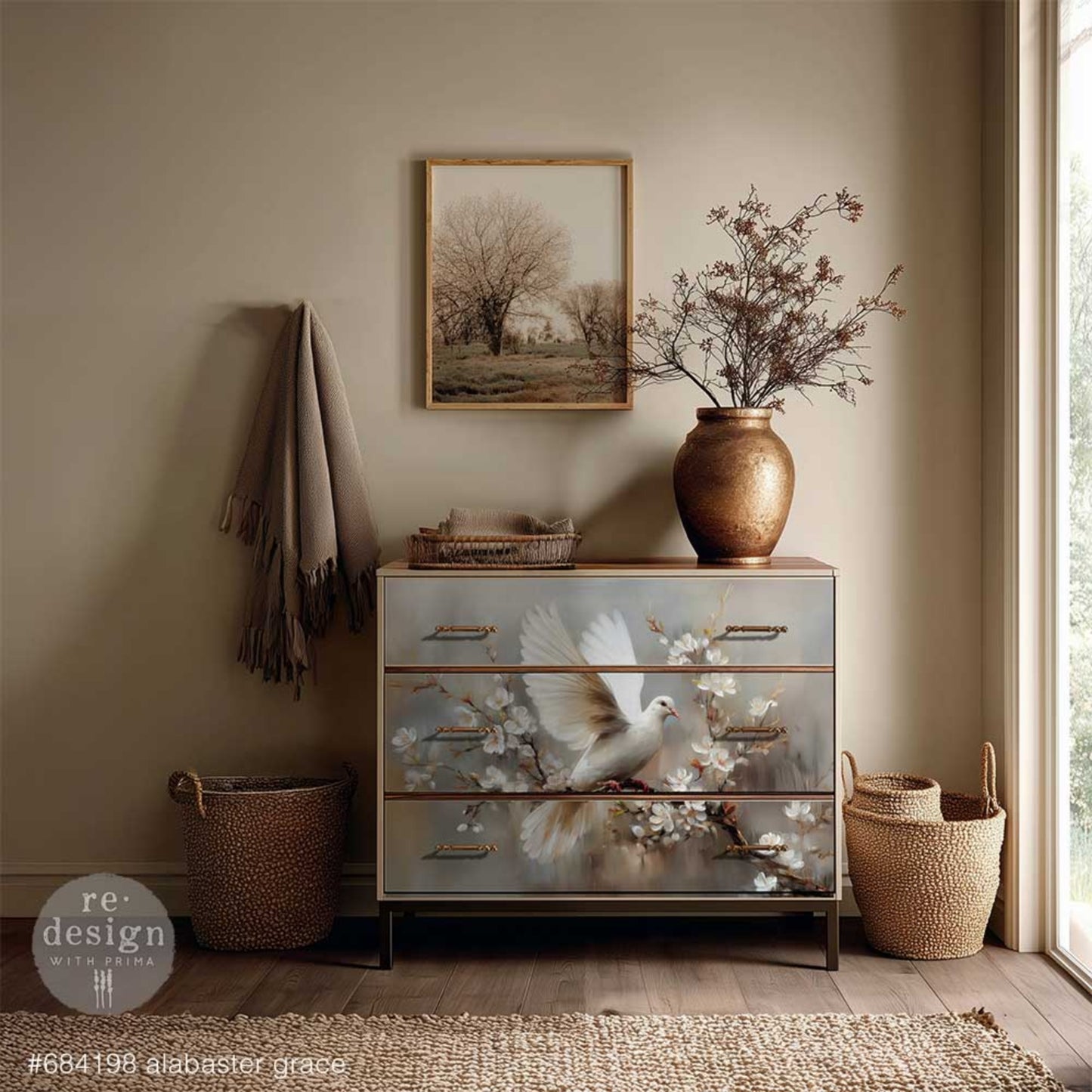 White dove among delicate white blossoms on a soft neutral background shown on a dresser, A1 Decoupage Fiber Kacha Alabaster Grace by Redesign with Prima.