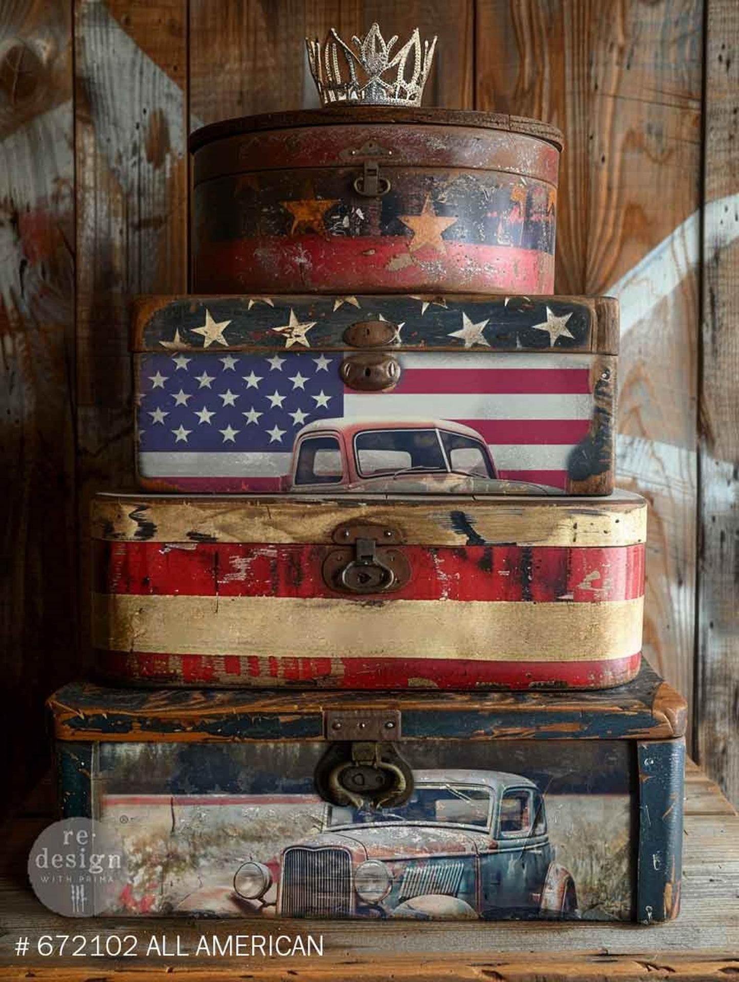 Stack of vintage suitcases with American flag and car design on a wooden background