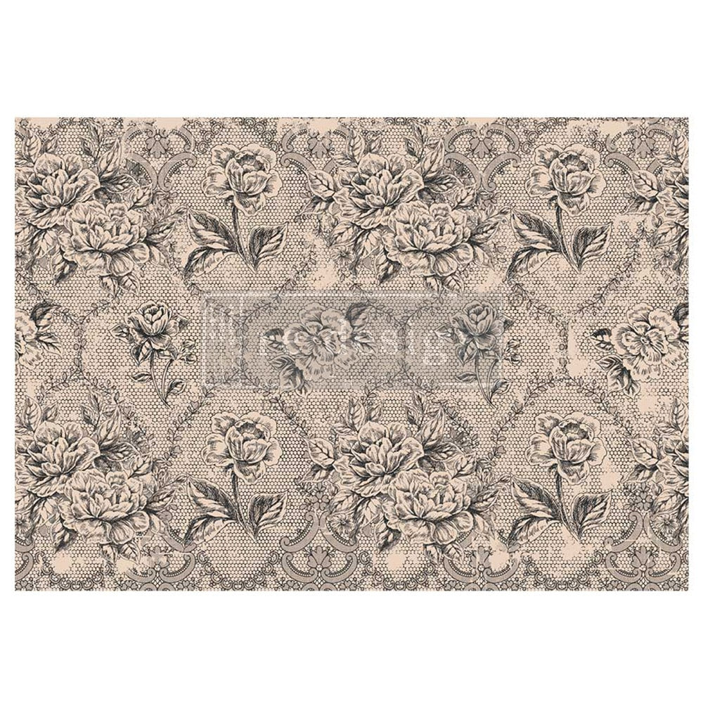 Antique Laces A1 Decoupage Fiber Paper featuring detailed roses, lace-inspired patterns, and ornate vintage motifs in soft neutral tones.