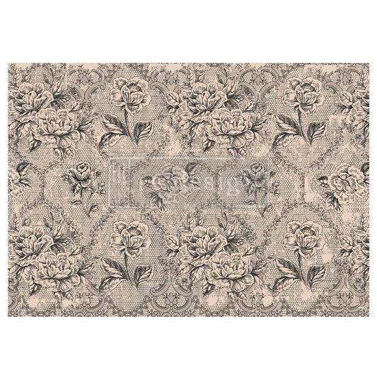 Antique Laces A1 Decoupage Fiber Paper featuring detailed roses, lace-inspired patterns, and ornate vintage motifs in soft neutral tones.