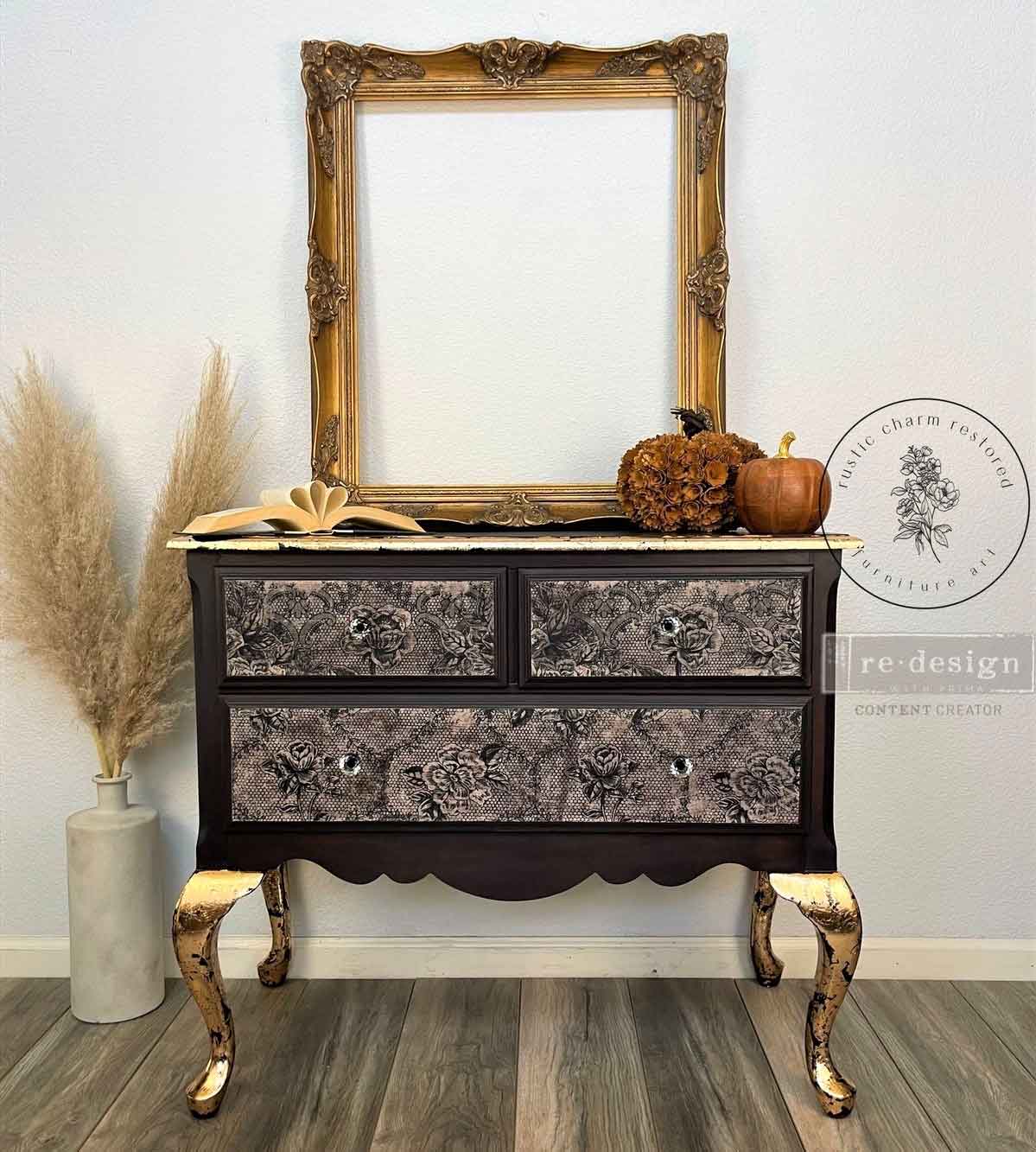 Vintage dark wood dresser makeover featuring Antique Laces floral decoupage on drawer fronts with ornate gold legs and classic styling.