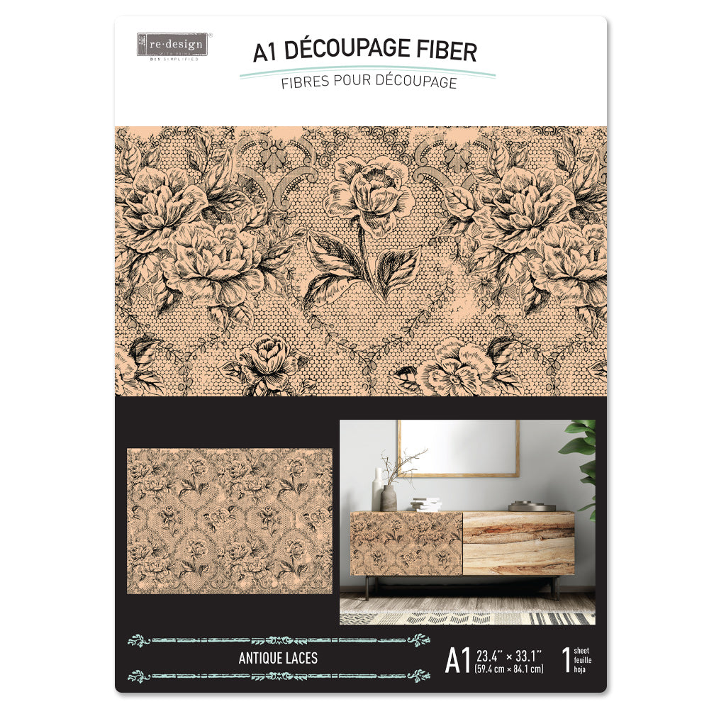 Antique Laces A1 Decoupage Fiber packaging showing the vintage floral lace design, furniture example, and 23.4" x 33.1" sheet size.