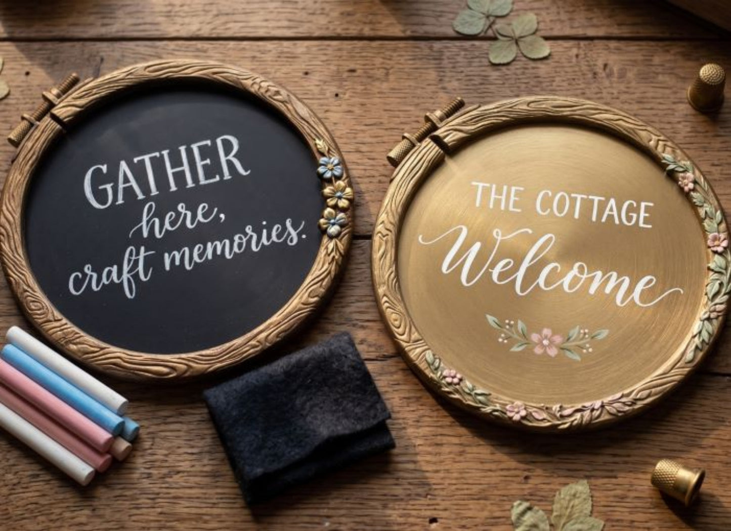 Two finished Artisan’s Frame chalkboard signs with floral details and cottage-style lettering.