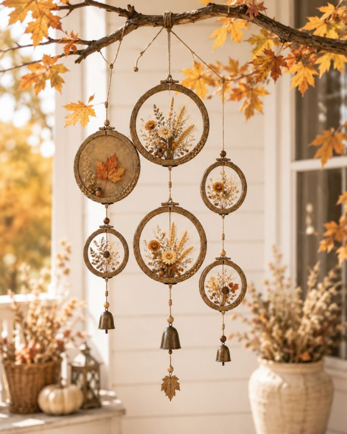 Hanging fall wall décor made with Artisan’s Frame castings, dried flowers, maple leaves, and bells.