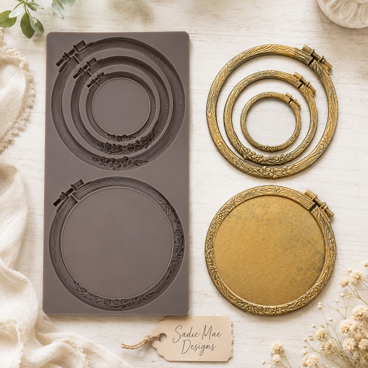 Artisan’s Frame silicone mould shown with coordinating gold castings in several round sizes.
