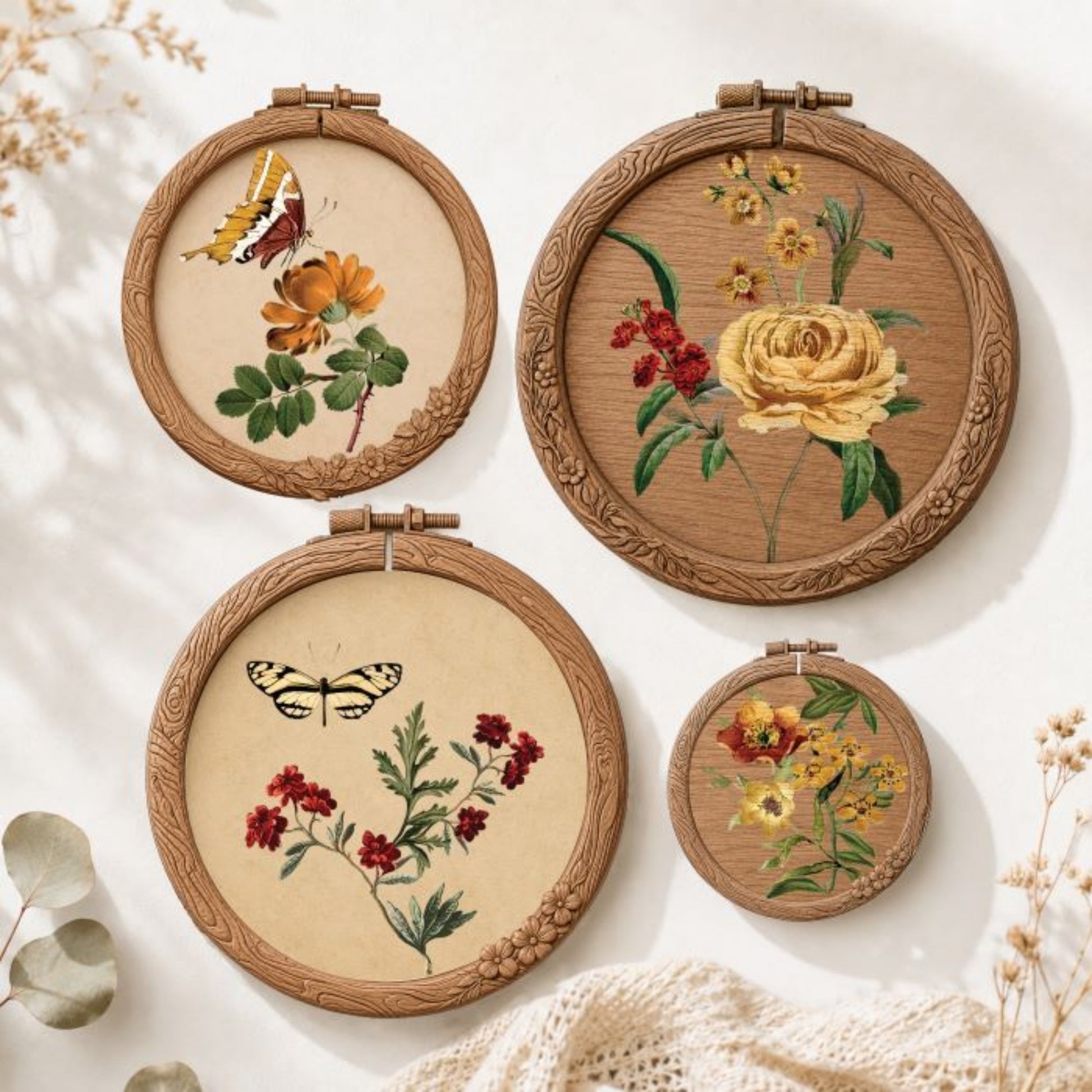 Artisan’s Frame castings filled with dried flowers, wheat, eucalyptus, autumn leaves, and acorns.