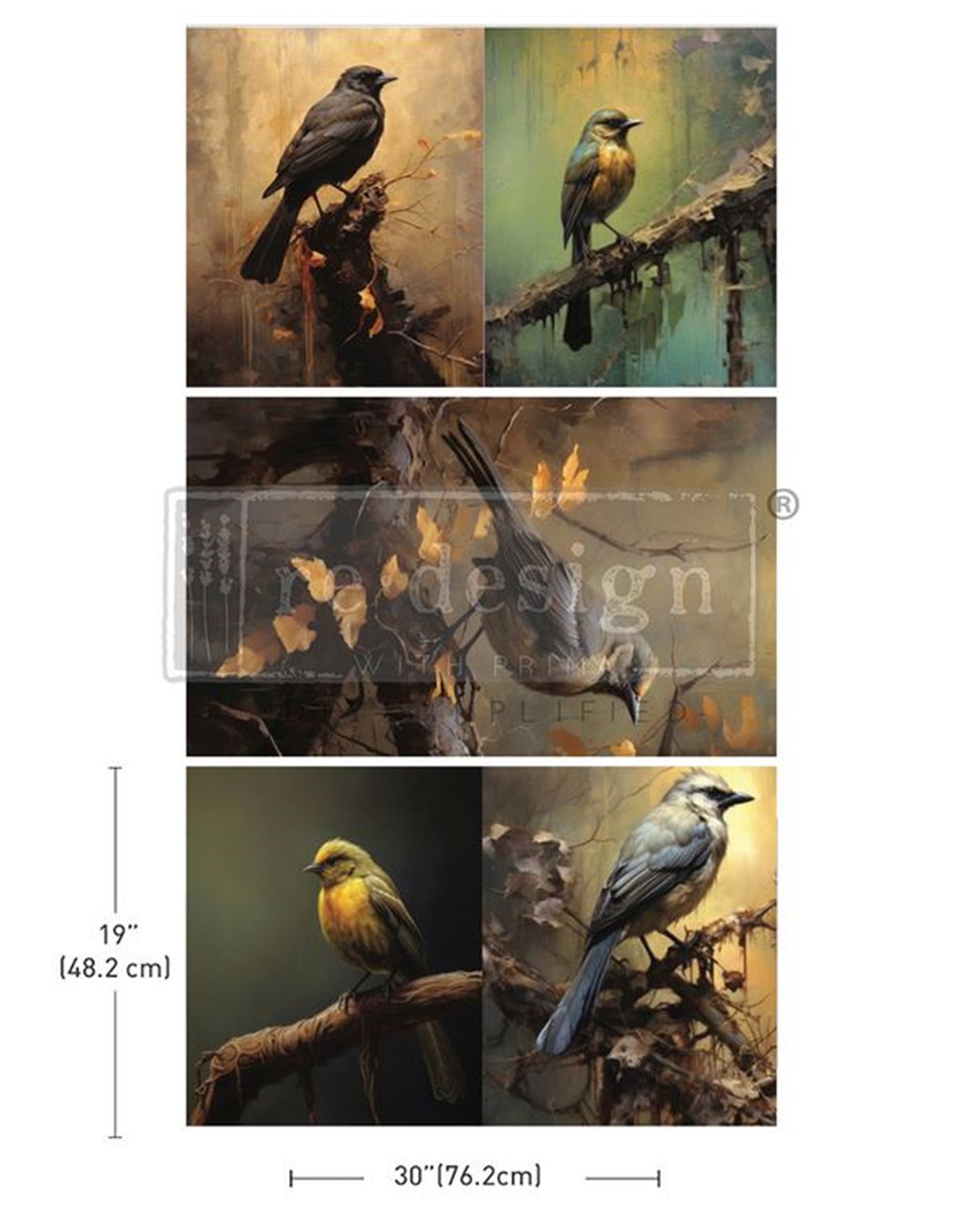 Avian Dreamscape three-sheet decoupage tissue paper pack featuring painterly birds, branches, golden leaves, and moody vintage backgrounds.
