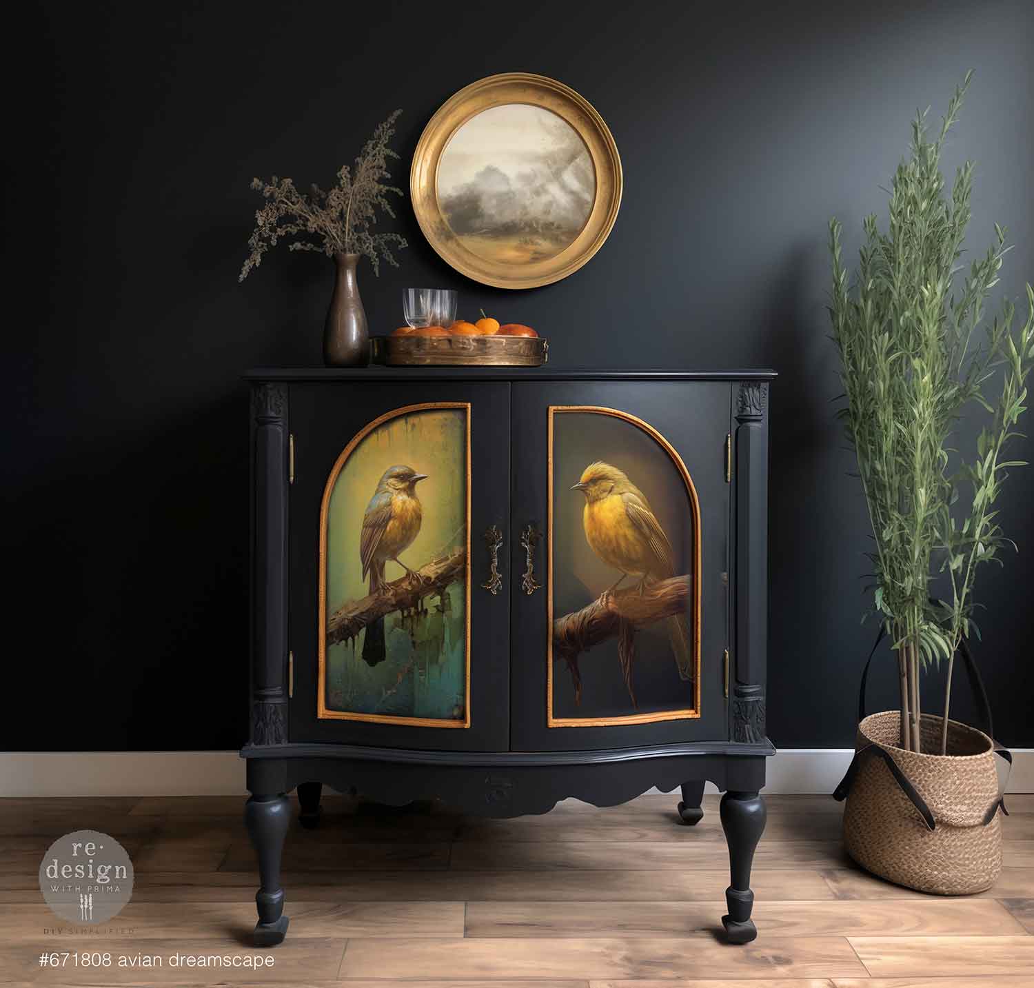 Avian Dreamscape decoupage tissue paper applied to the doors of a black vintage cabinet, featuring two painterly birds with gold trim and dark dramatic styling.