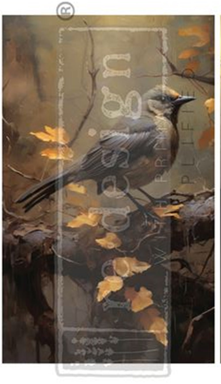 Avian Dreamscape decoupage tissue paper featuring a dark bird perched among branches and golden leaves on a moody vintage background.