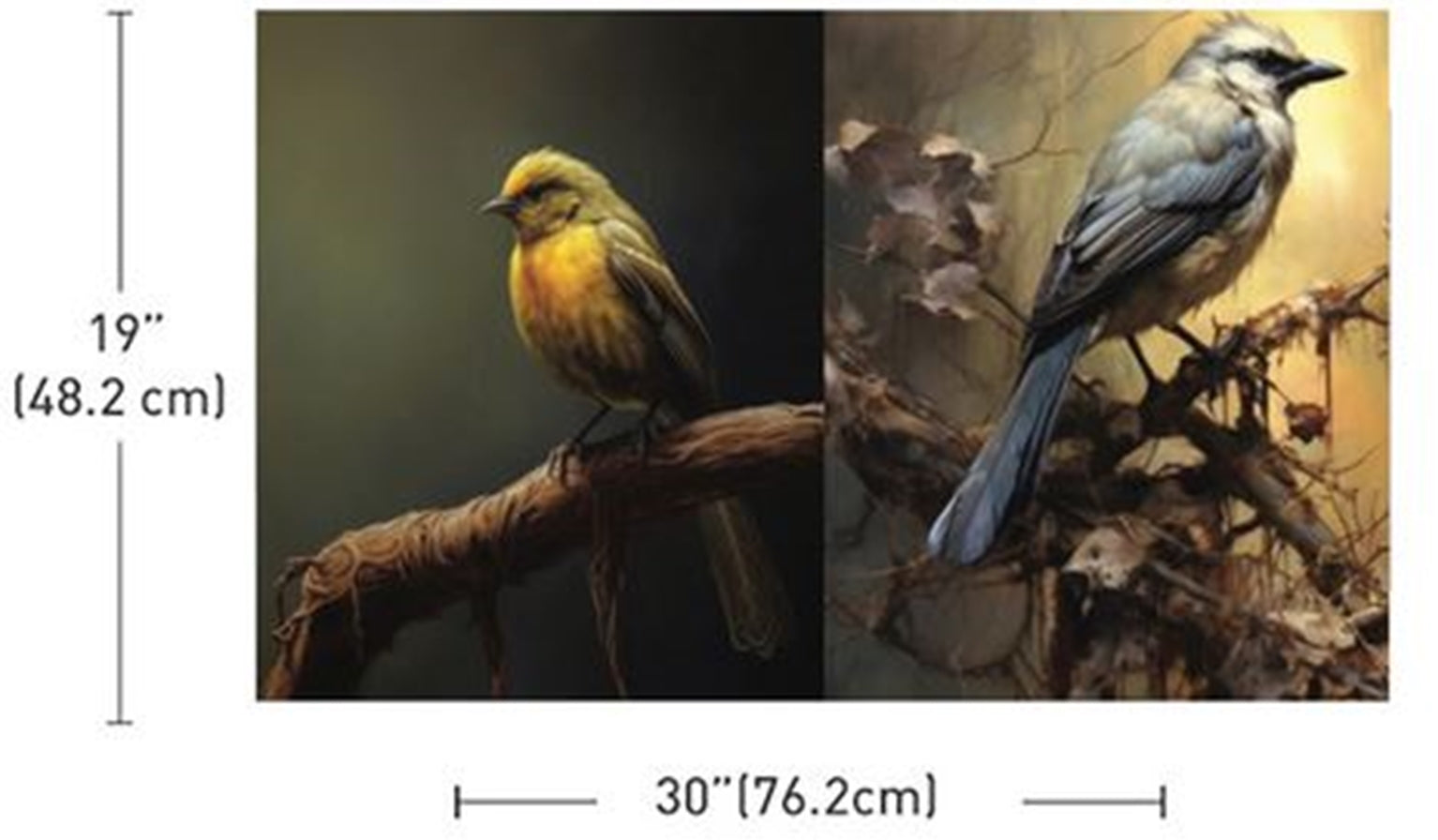 Avian Dreamscape decoupage tissue paper design featuring two songbirds on dark green, golden, and earthy backgrounds, shown at 19 by 30 inches.