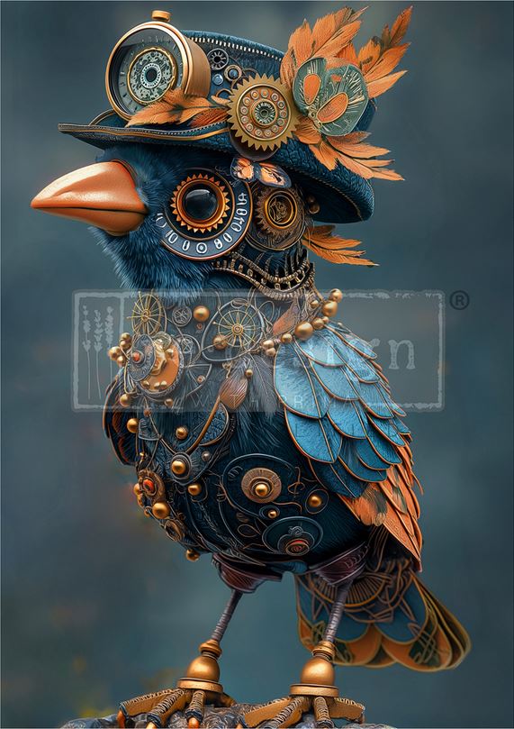 Azure Aviator Steampunk Blue Bird A1 Decoupage Fiber Paper - Redesign Decor Tissue Paper for Decoupaging ~ Decoupage Paper for Furniture 23.4" x 33.1″