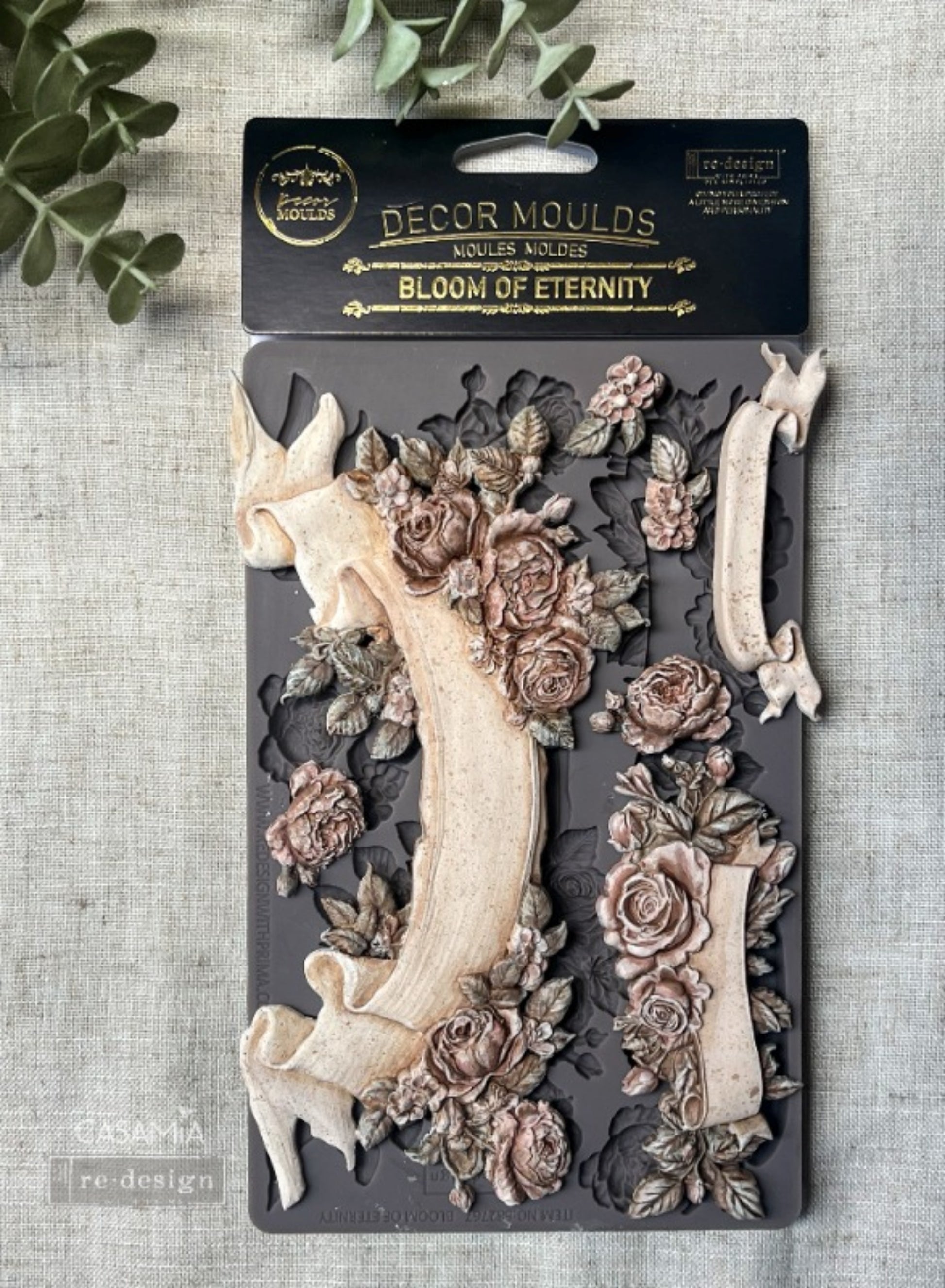 Redesign with Prima Bloom Of Eternity silicone decor mould with floral roses, ribbon banners, leaves, and vintage raised embellishment details.