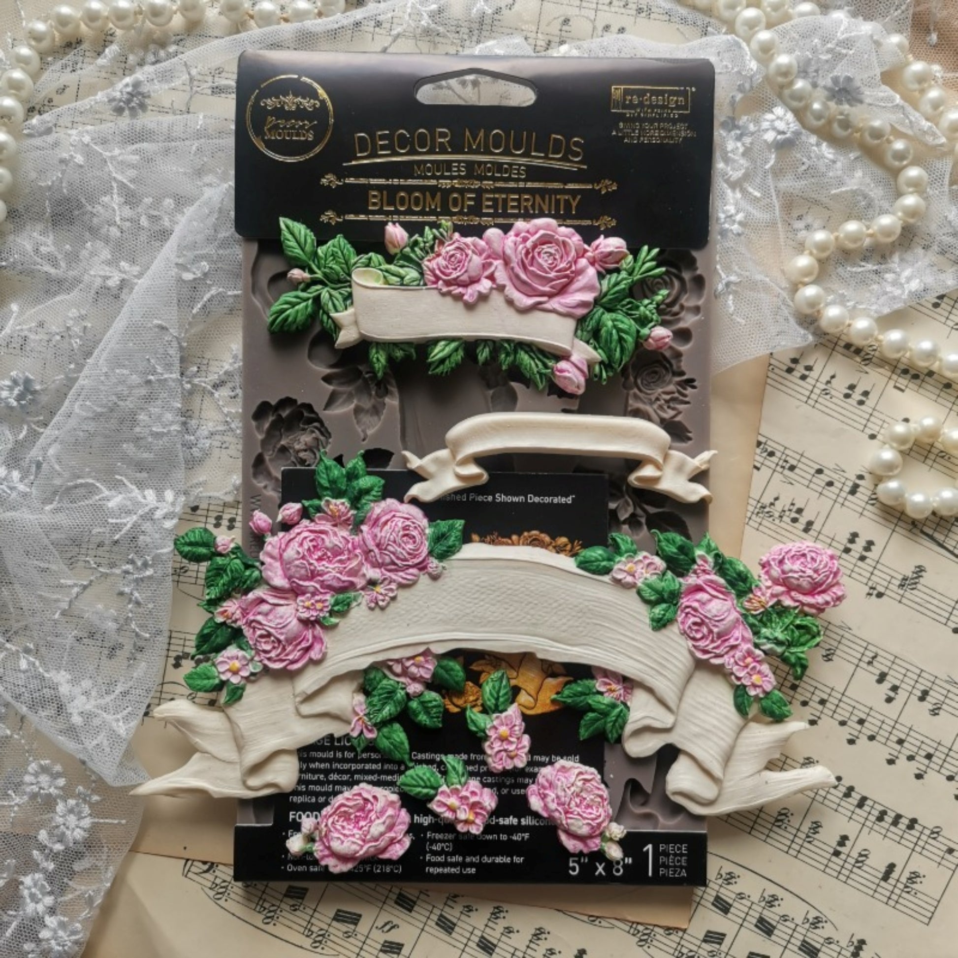 Redesign with Prima Bloom Of Eternity silicone mould with vintage floral embellishments for furniture makeovers, trays, boxes, and signs.