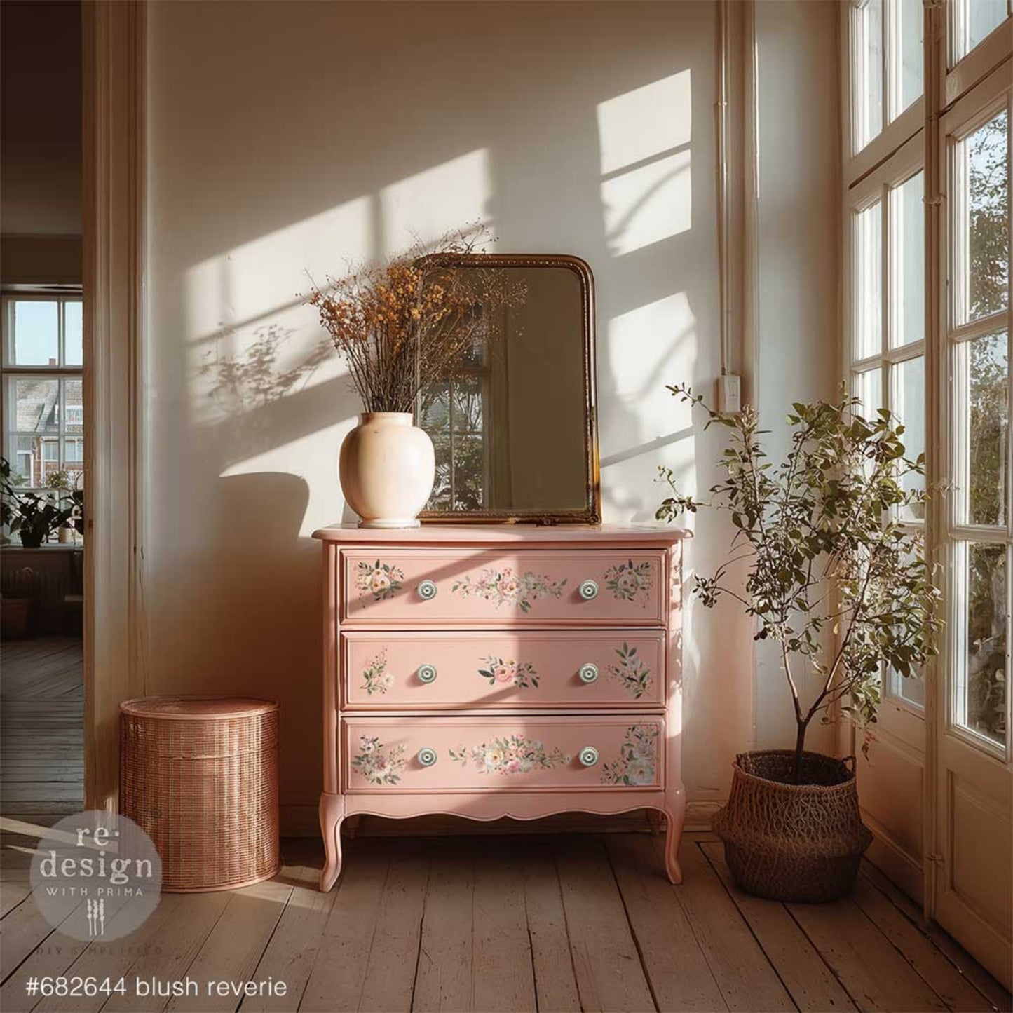 Redesign with Prima Blush Reverie Middy Transfer featuring soft pink florals and cottage style details on a coral dresser