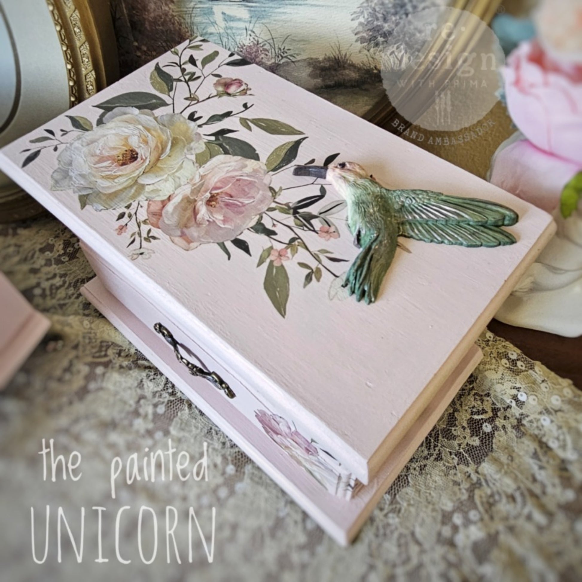 Blush Reverie floral transfer applied to a soft pink decorative box with cream flowers, blush blooms, and a hummingbird accent