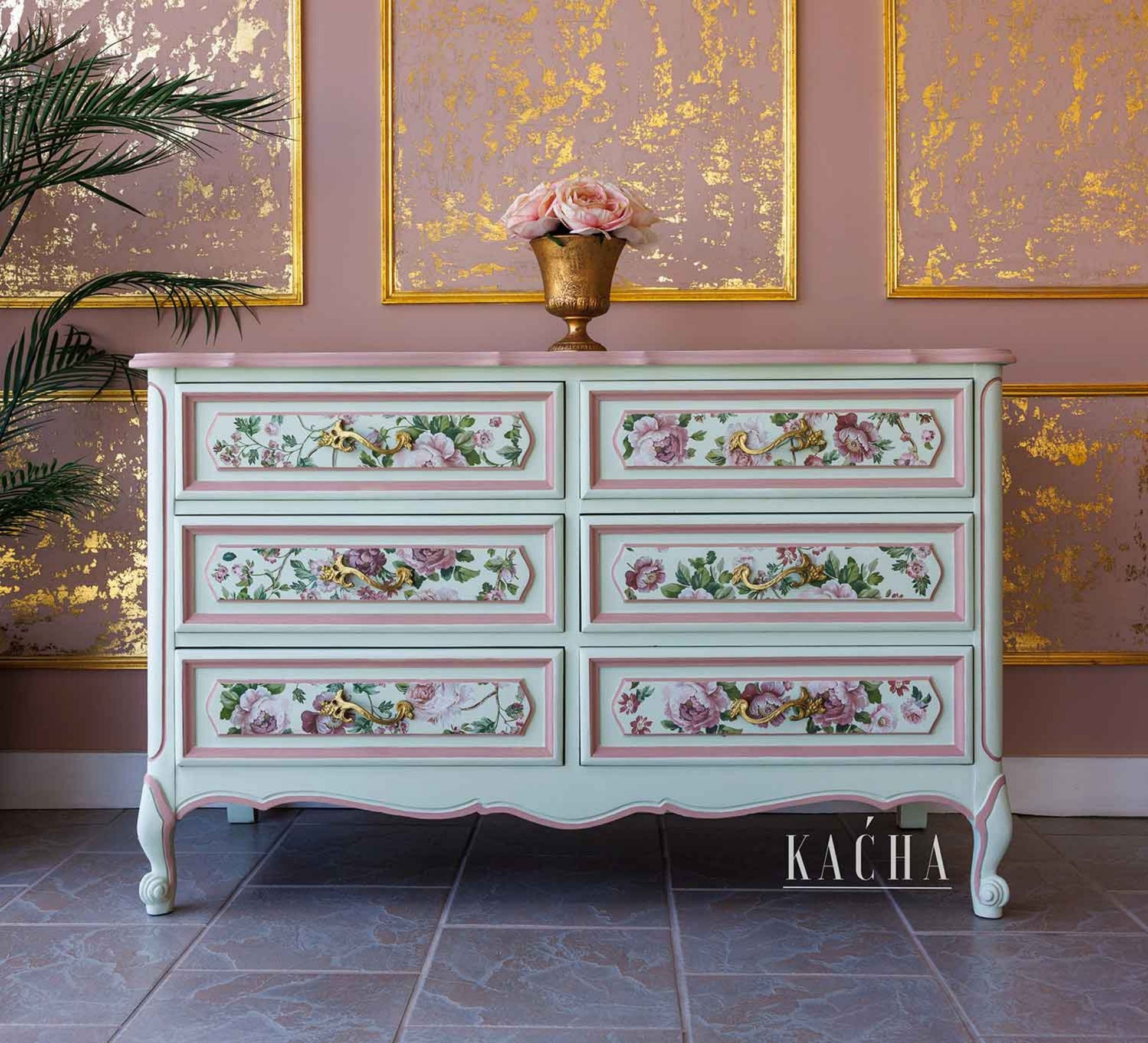 Blushing Blooms Symphony Kacha Decor Transfer applied to a painted dresser with soft pink trim, floral drawer panels, gold hardware, and elegant romantic furniture styling.