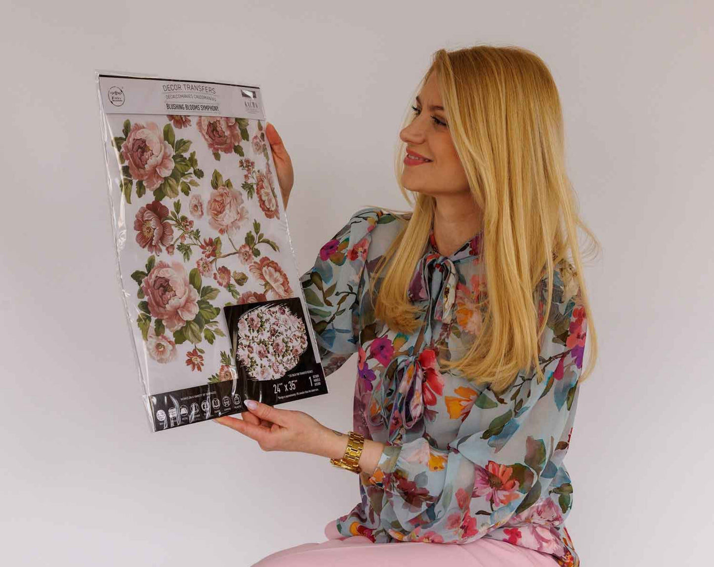 Blushing Blooms Symphony Kacha Decor Transfer packaging shown in scale, featuring romantic pink floral artwork, a 24″ x 35″ transfer size, and the full product design.