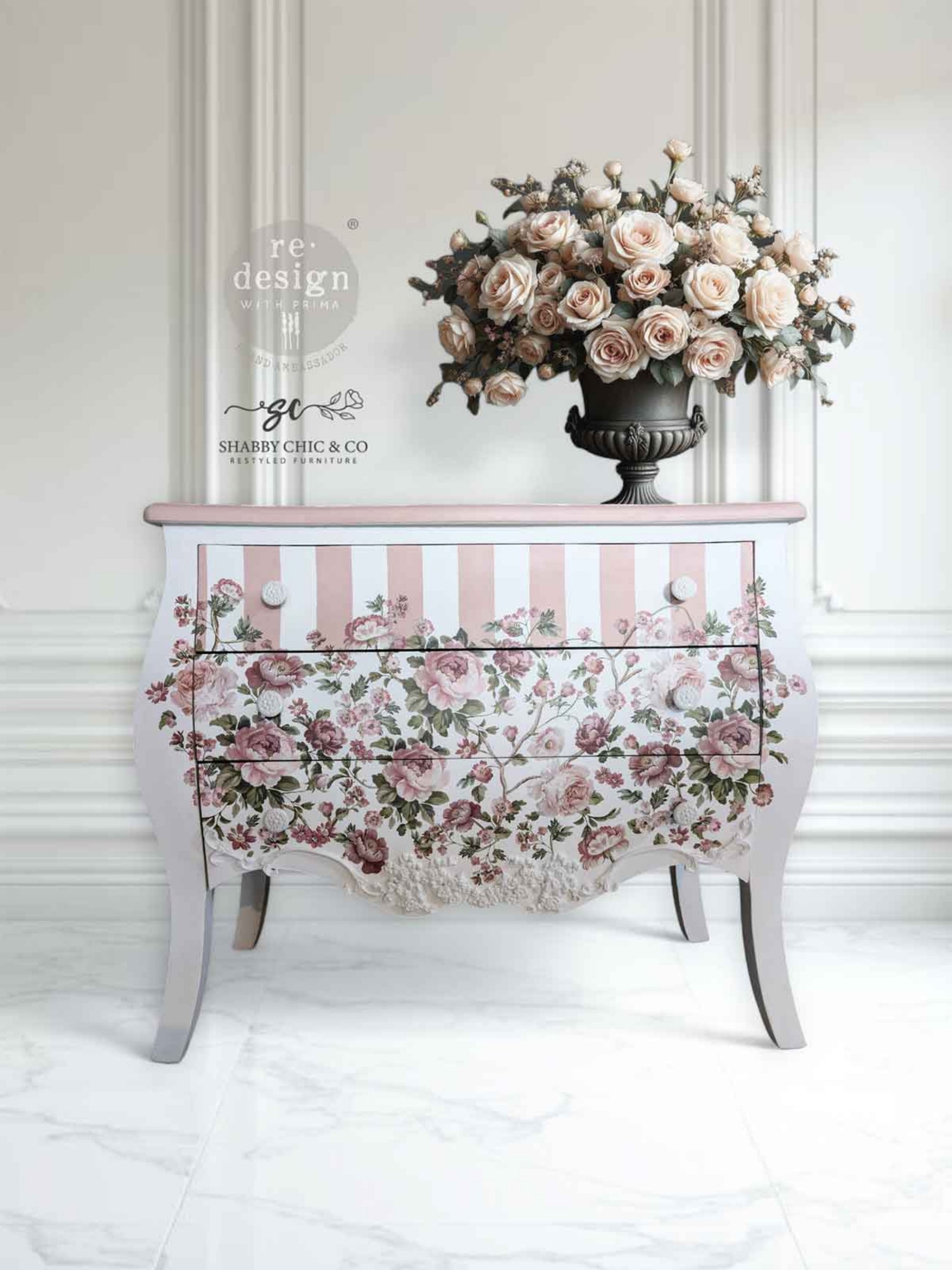 Blushing Blooms Symphony Kacha Decor Transfer applied to a white vintage-style dresser with blush pink stripes, romantic floral details, and soft shabby chic styling.