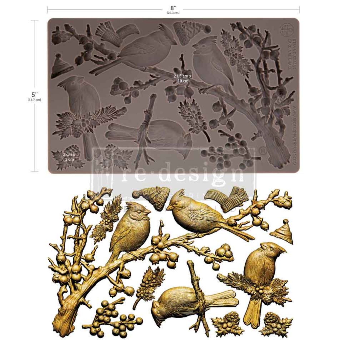 Cardinal Grace Décor Mould featuring four cardinal birds, berry branches, pine sprigs, pinecones, holly, hats, and a ribbon on one 5 by 8 inch mould.