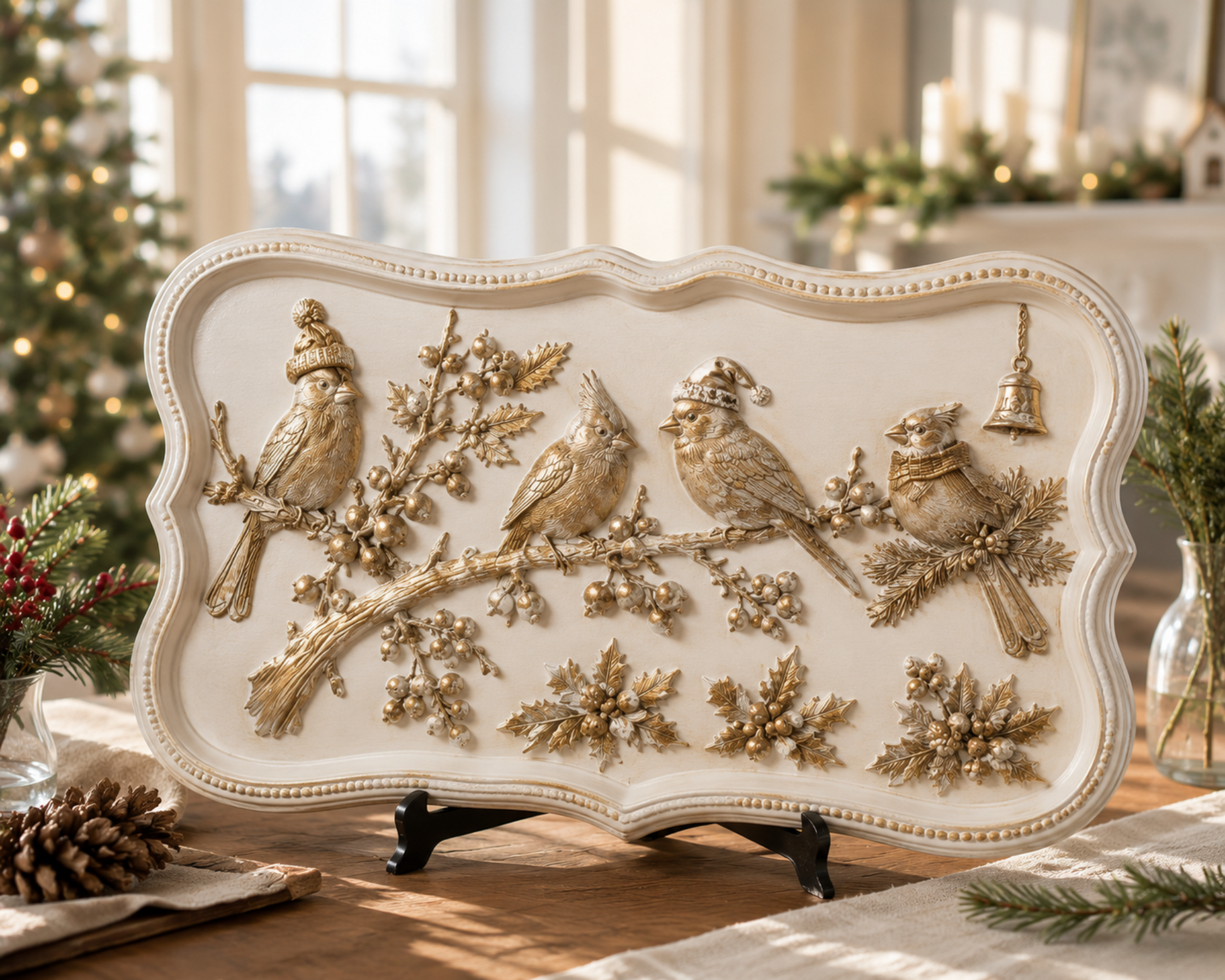 Cream decorative tray embellished with gold Cardinal Grace bird, branch, berry, holly, and bell castings for Christmas décor.