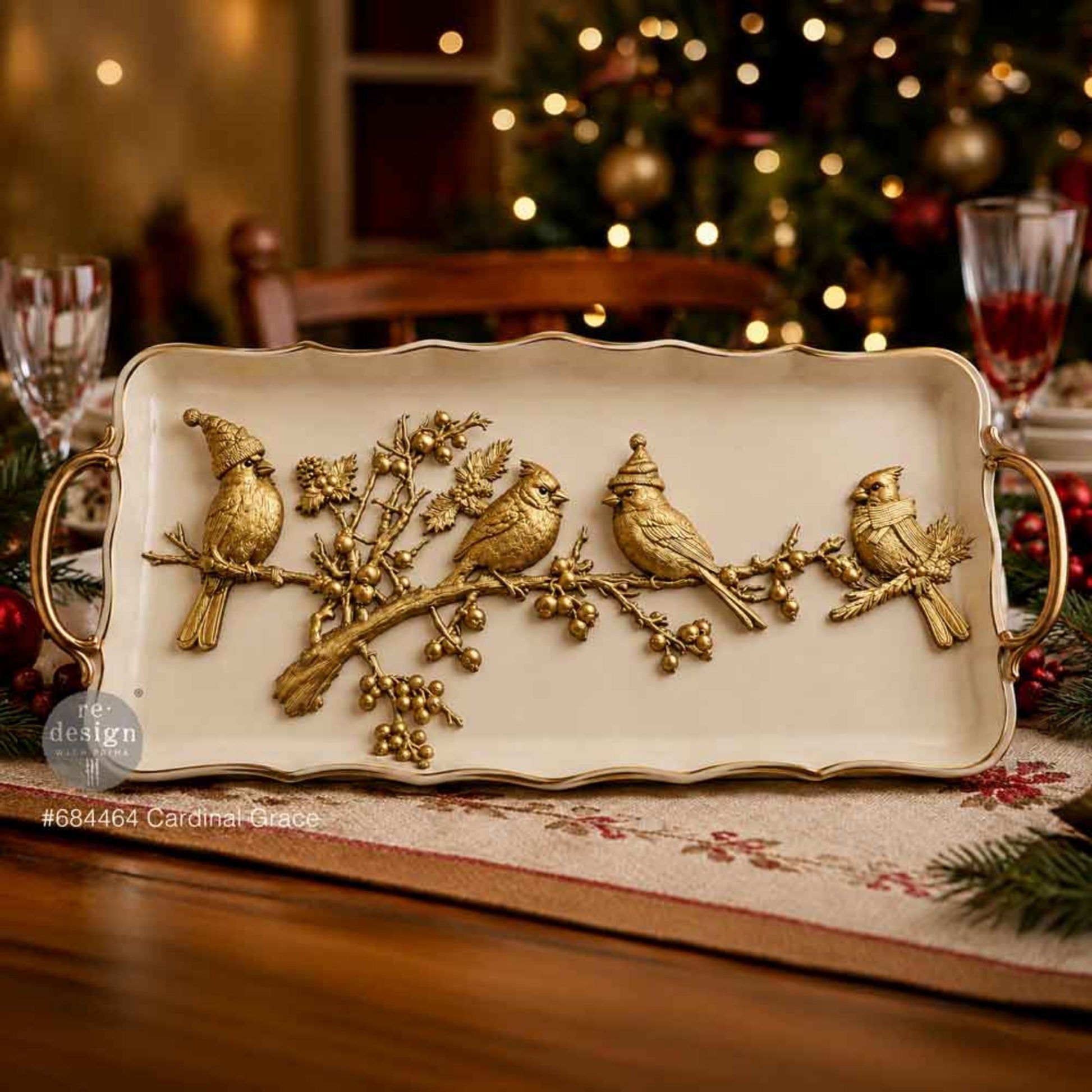 Cream serving tray featuring gold Cardinal Grace cardinals perched on berry-covered branches with winter accessories.