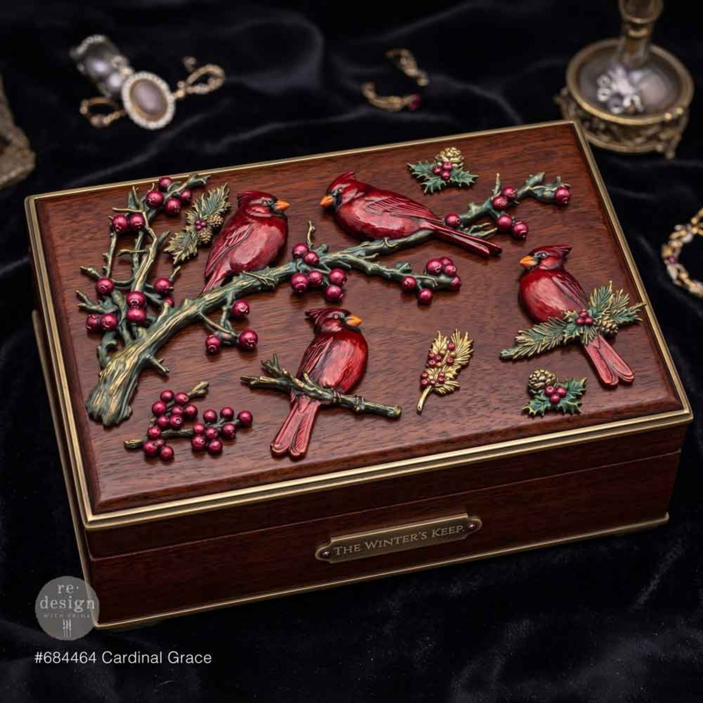 Wooden keepsake box embellished with red Cardinal Grace birds, berry branches, holly, and pine sprig castings.