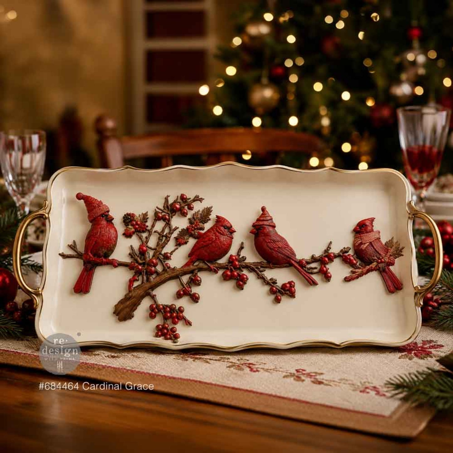 Cream holiday tray featuring red Cardinal Grace cardinal birds perched on berry-covered branches.