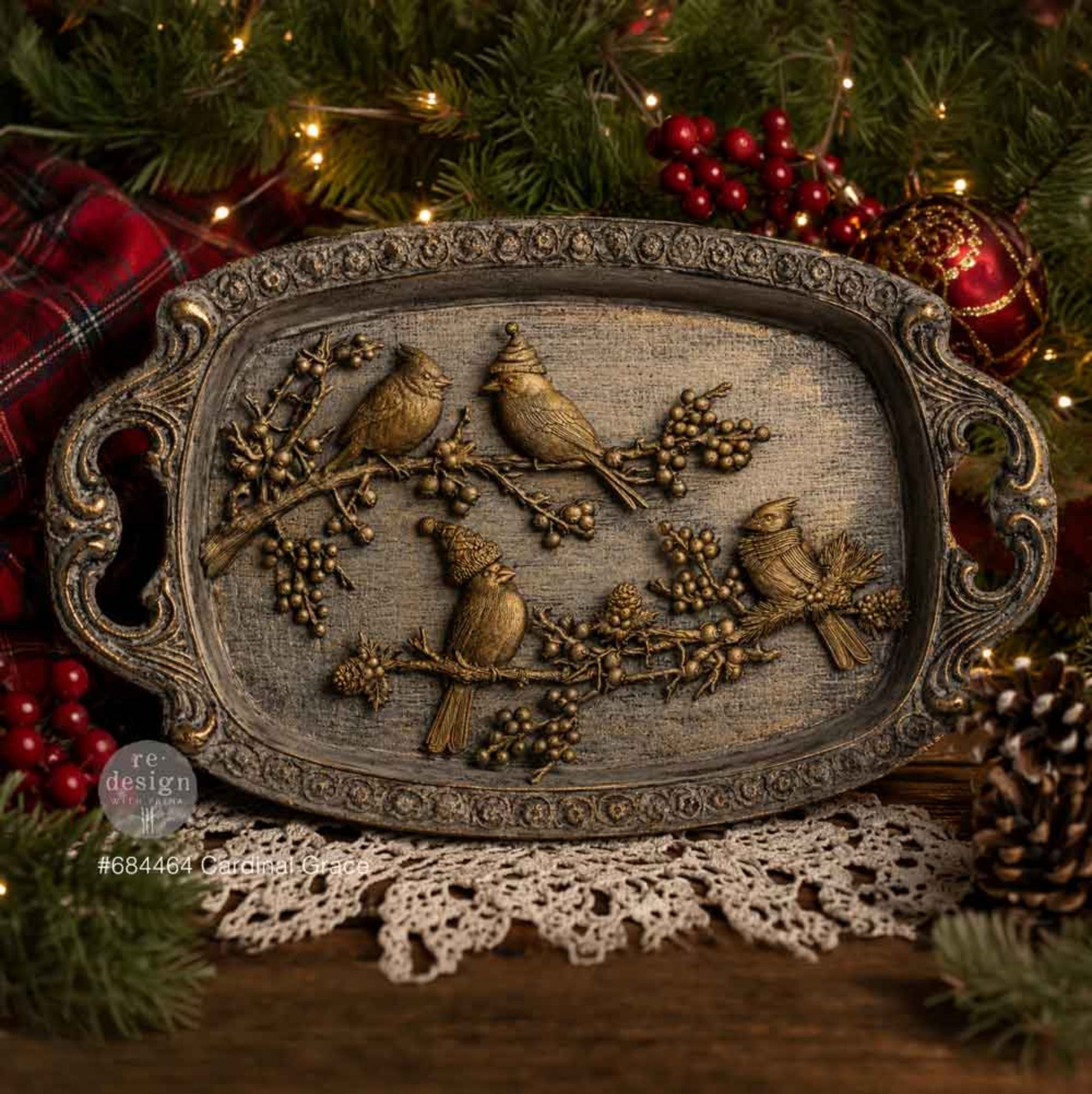Vintage-style tray decorated with antique gold Cardinal Grace birds, branches, berries, pinecones, and winter foliage.