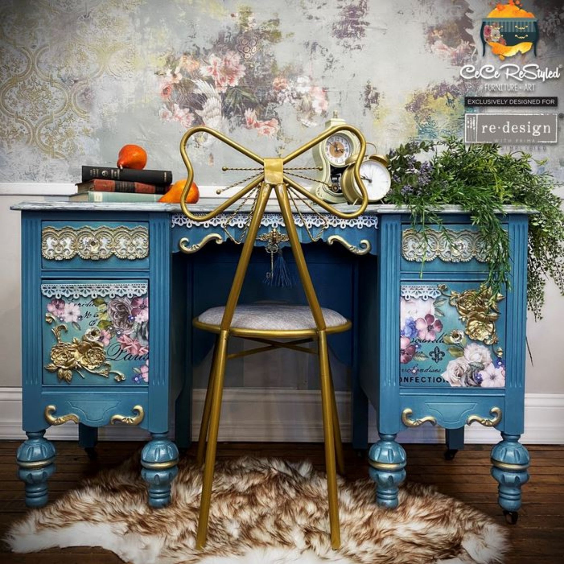 Border Lace II CECE Decor Mould castings applied to a blue painted vanity desk, adding lace trim details, ornate borders, and decorative vintage accents.