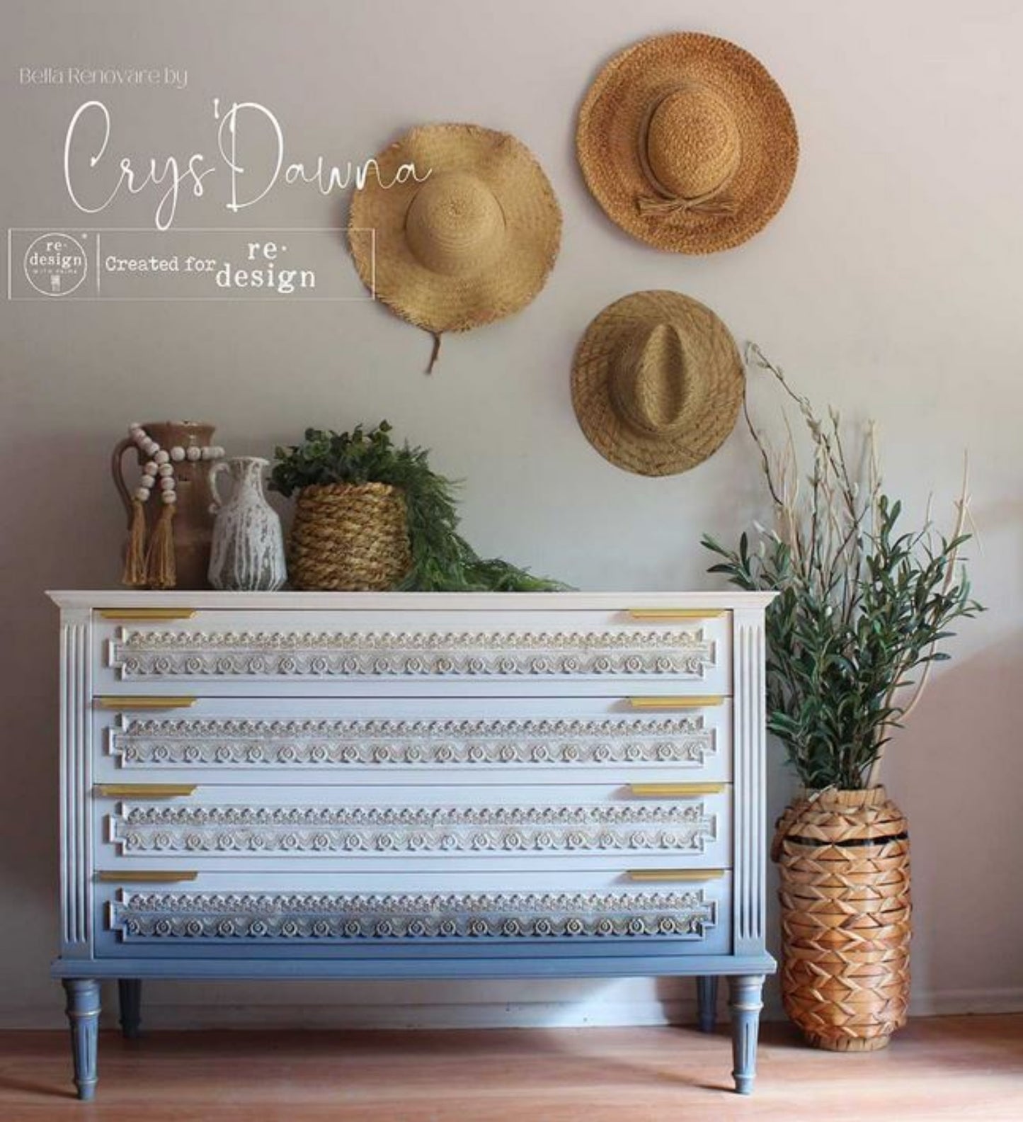 Border Lace II mould trim used across white dresser drawers to create raised lace-style borders for a romantic boho furniture makeover.